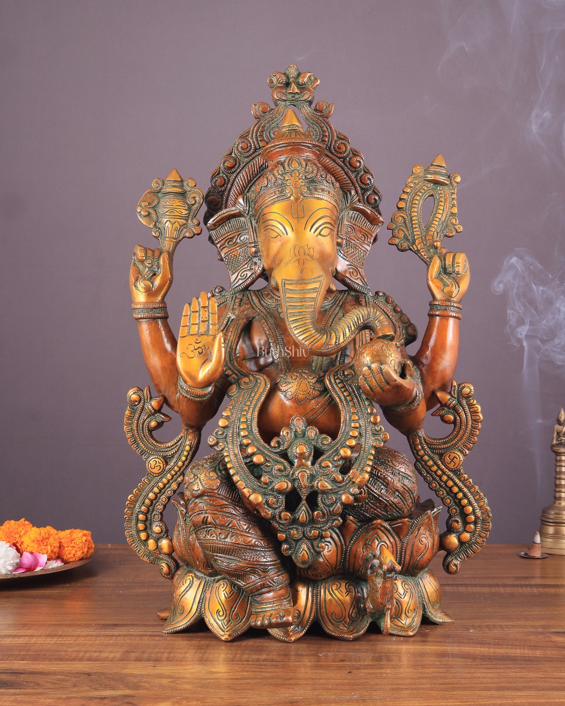 Ganesha Brass Idol 21 inches Vintage copper tone - Sama Homes Idol - Brass Sculpture - Eco-friendly - Sama Homes