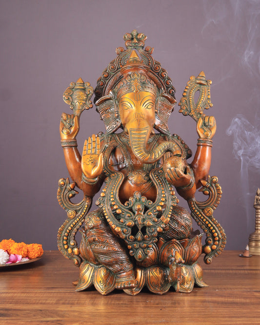 Ganesha Brass Idol 21 inches Vintage copper tone - Sama Homes Idol - Brass Sculpture
