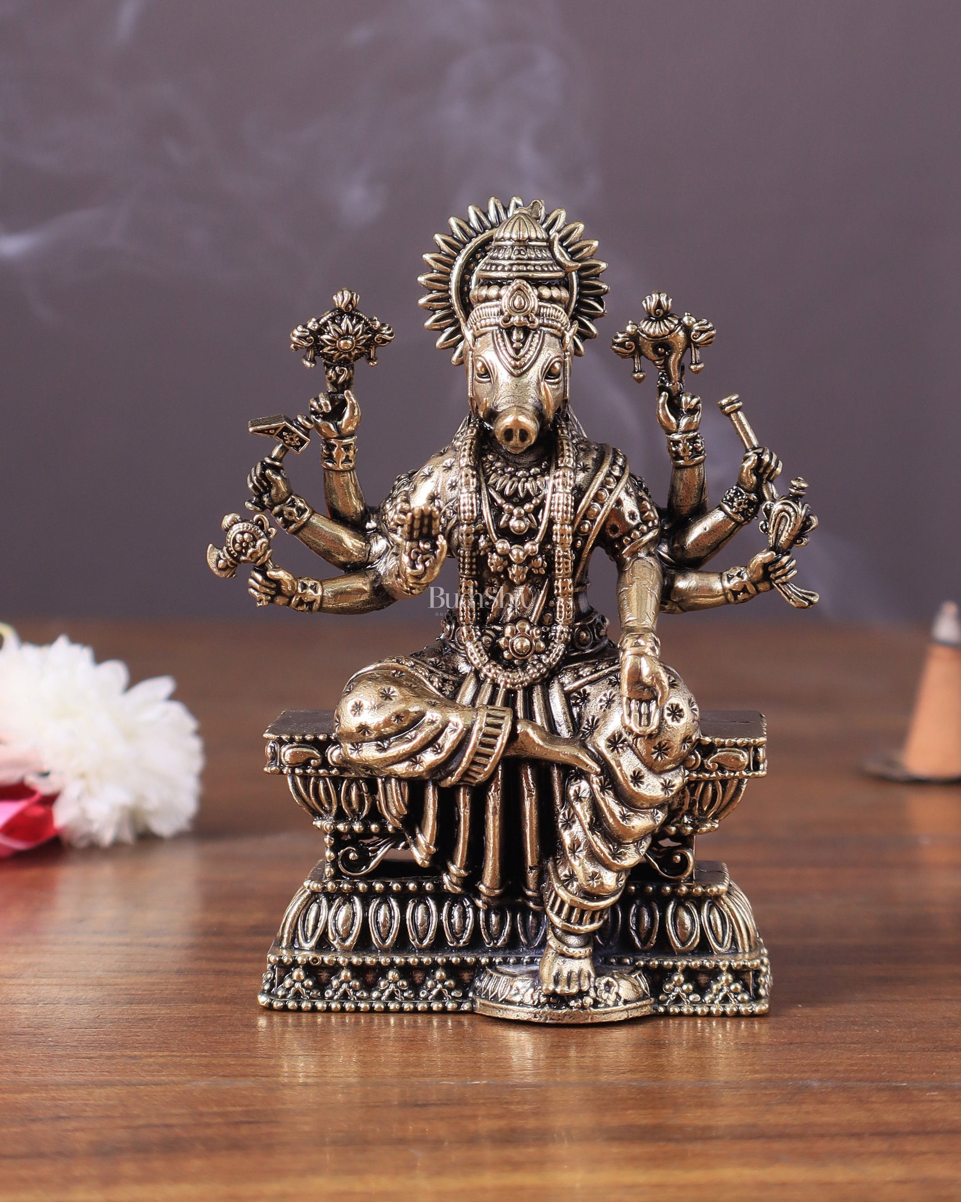 Intricate Hollow-Cast Goddess Varahi Superfine Brass Idol – 4" Tall - Sama Homes Idol - Brass Sculpture - Eco-friendly - Sama Homes