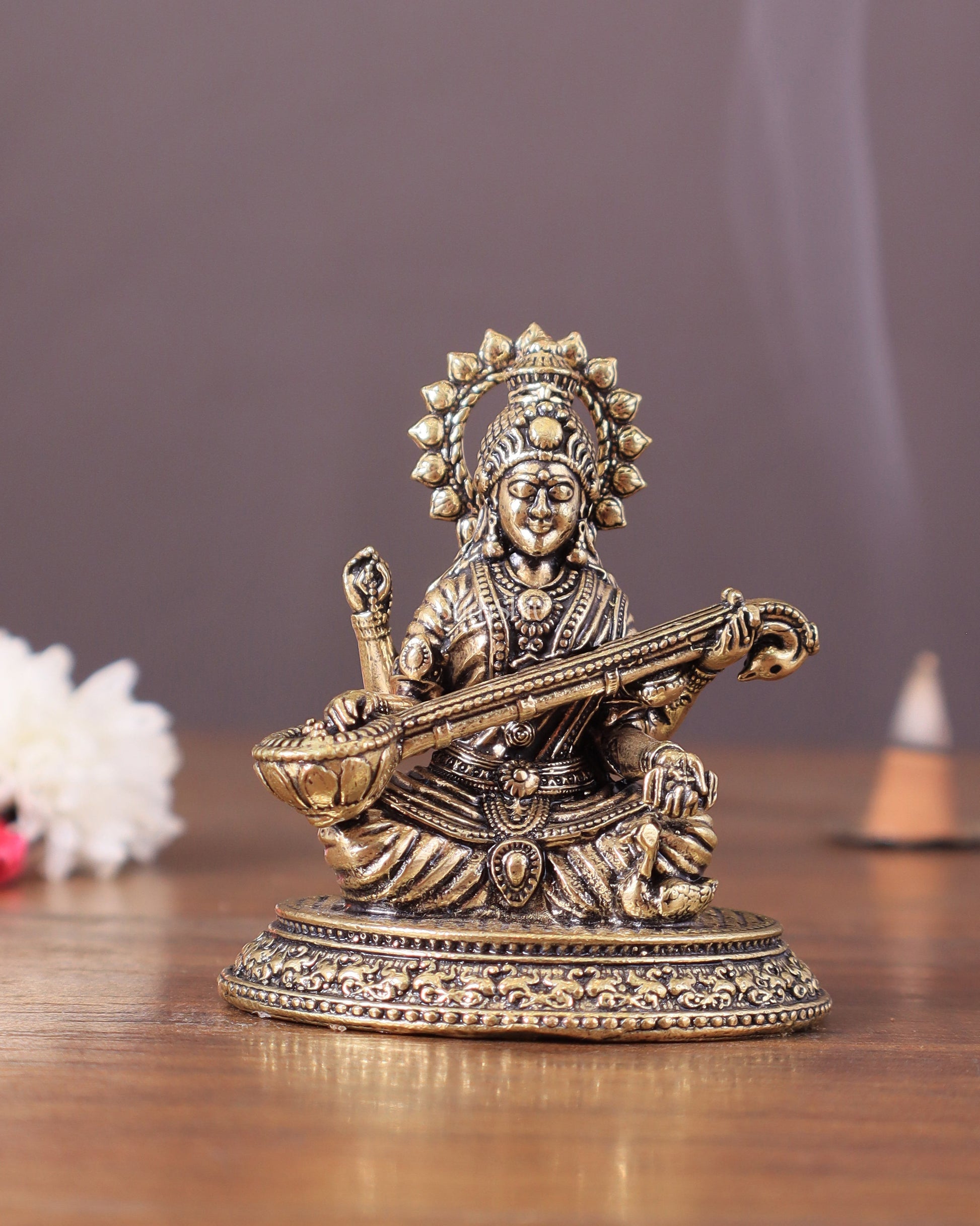 Pure Brass superfine Saraswati Idol 3" - Sama Homes Idol - Brass Sculpture - Eco-friendly - Sama Homes