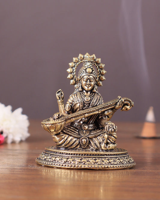 Pure Brass superfine Saraswati Idol 3" - Sama Homes Idol - Brass Sculpture