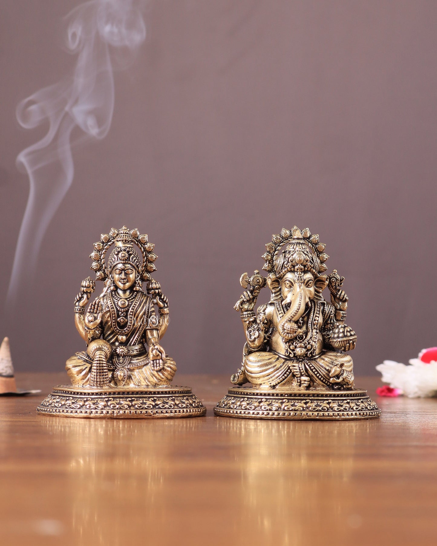 Pure Brass Ganesha-Lakshmi Idol Pair 3" - Sama Homes Idol - Brass Sculpture
