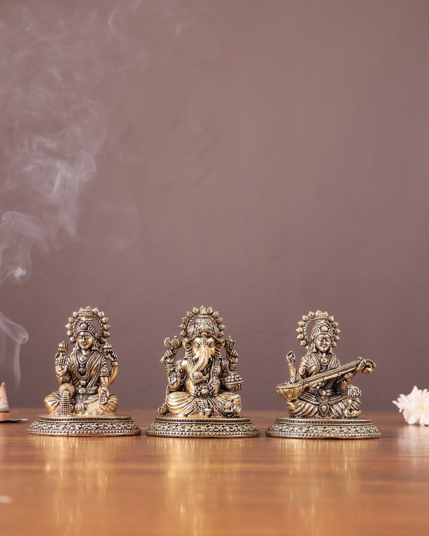 Pure Brass Ganesh, Lakshmi, Saraswati Intricate Idols 3" - Sama Homes Idol - Brass Sculpture