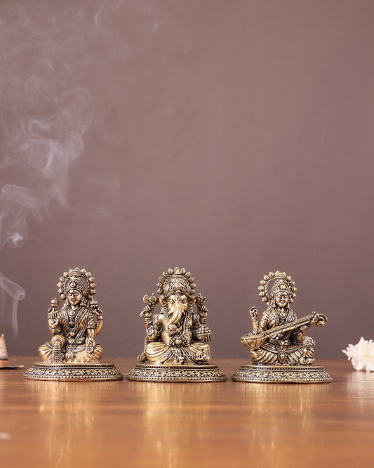 Pure Brass Ganesh, Lakshmi, Saraswati Intricate Idols 3" - Sama Homes Idol - Brass Sculpture
