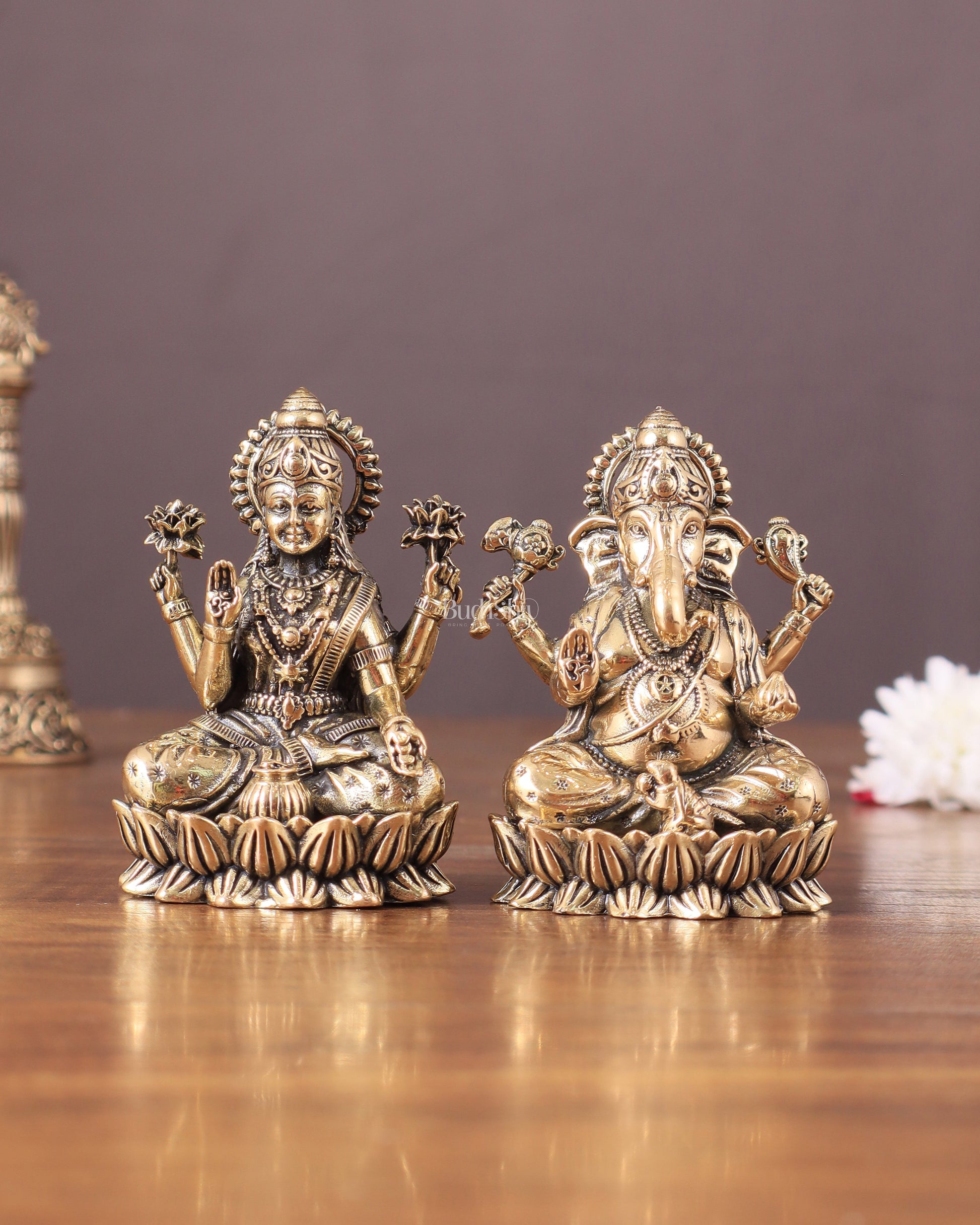 Brass Superfine Ganesha Lakshmi Idols - 3" Height | Intricate Lightweight Duo | 100% Certified Copper & Brass - Sama Homes Idol - Brass Sculpture - Eco-friendly - Sama Homes
