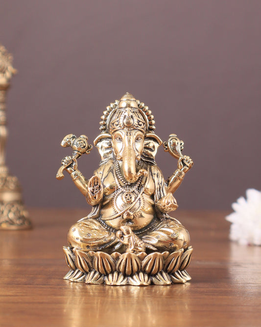 Pure brass Intricate Ganesha idol 3" - Sama Homes Idol - Brass Sculpture