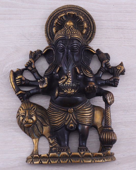 Pure Brass Standing Drishti Ganesha with Lion Wall Hanging 9" black finish - Sama Homes Idol - Brass Sculpture