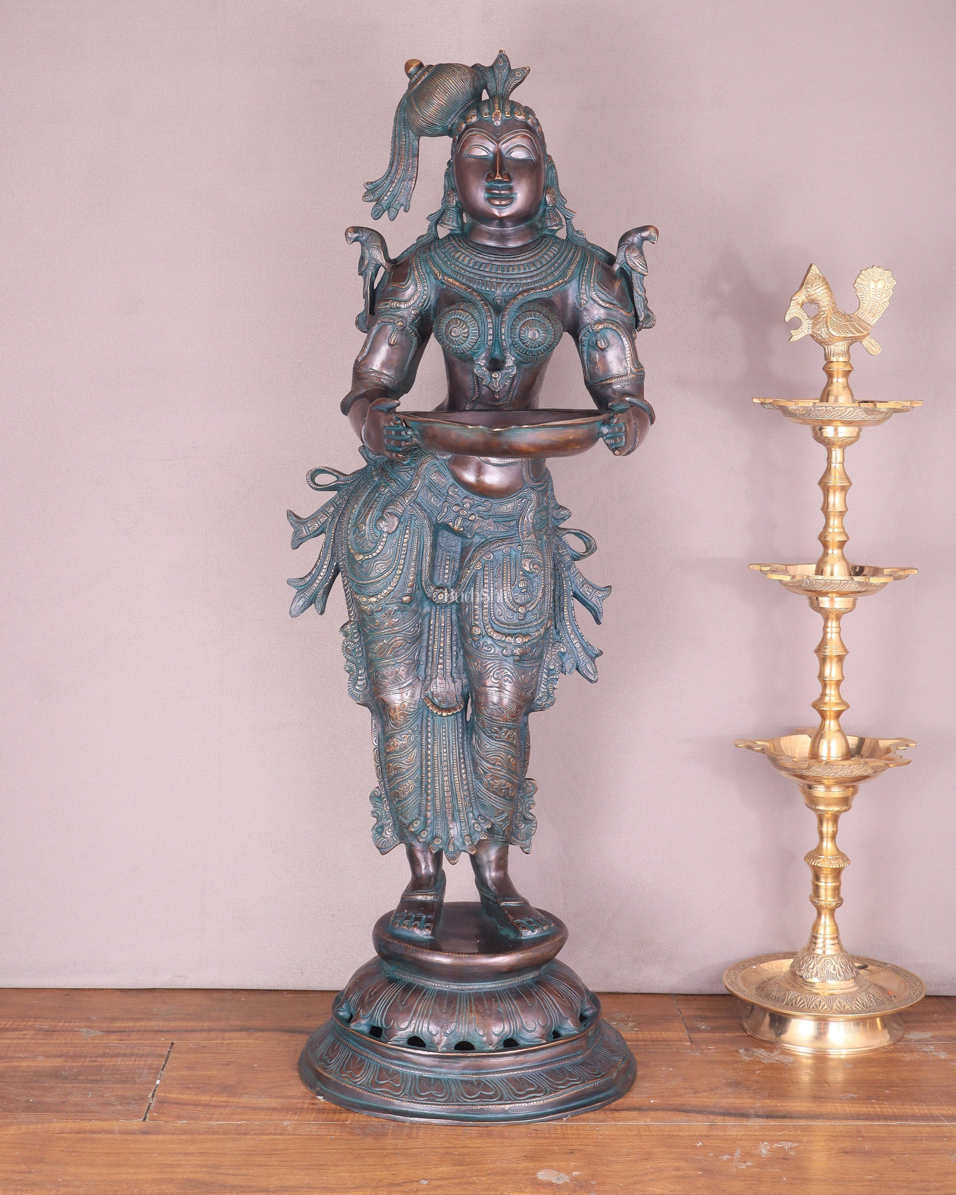 Pure Brass Deep Lady Vilakku with Vintage Green black Bronze Tone – 36" Traditional Lamp - Sama Homes Idol - Brass Sculpture - Eco-friendly - Sama Homes