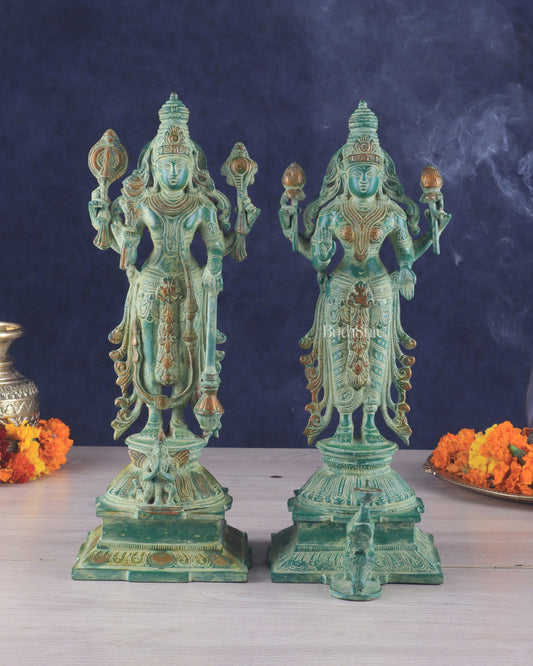 Pure Brass Standing Lord Vishnu and Goddess Lakshmi Idols 15" - Sama Homes Idol - Brass Sculpture
