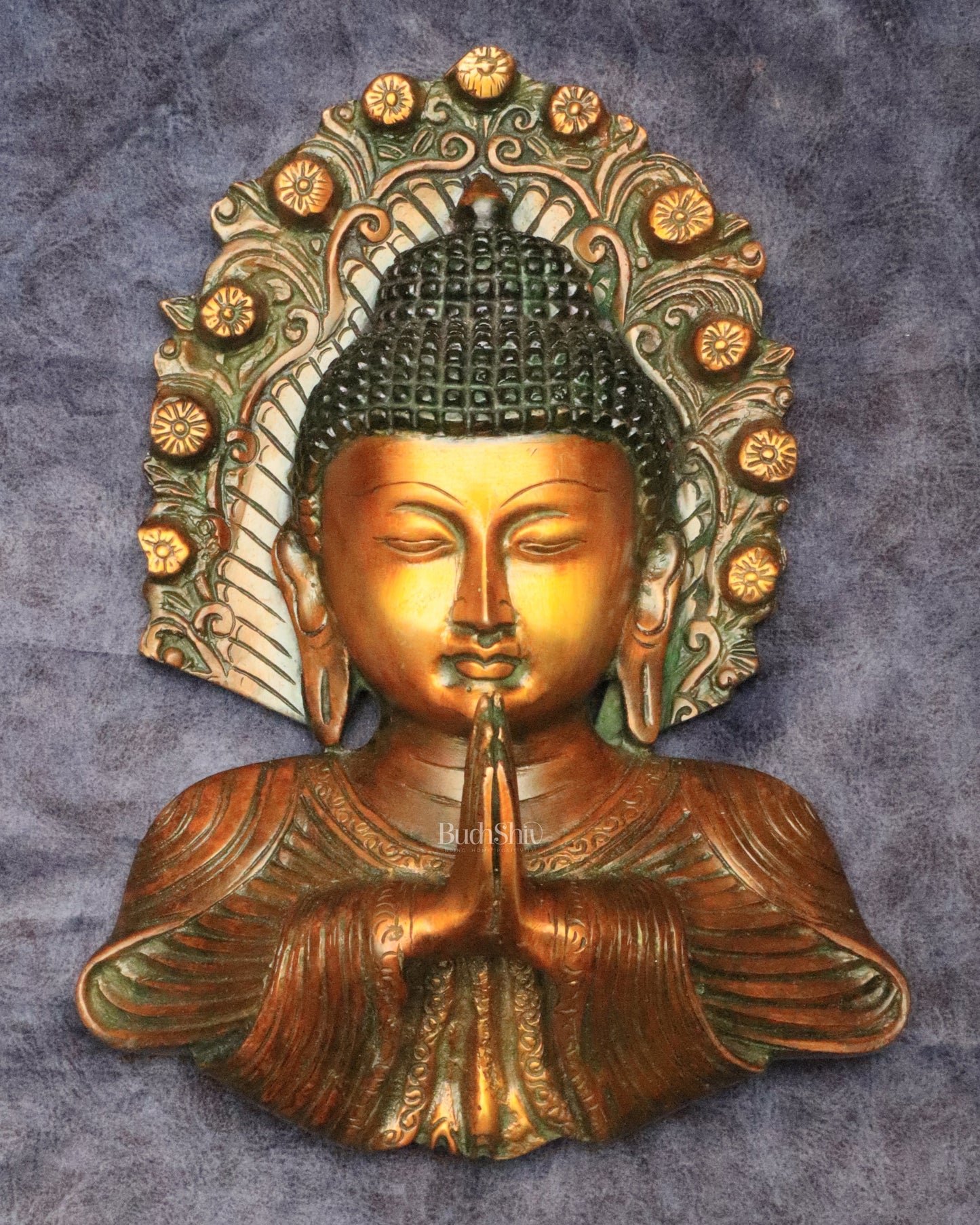 Pure Brass Big Buddha Face Namaste Wall Hanging – Vintage Dual-Tone Finish - Sama Homes Idol - Brass Sculpture