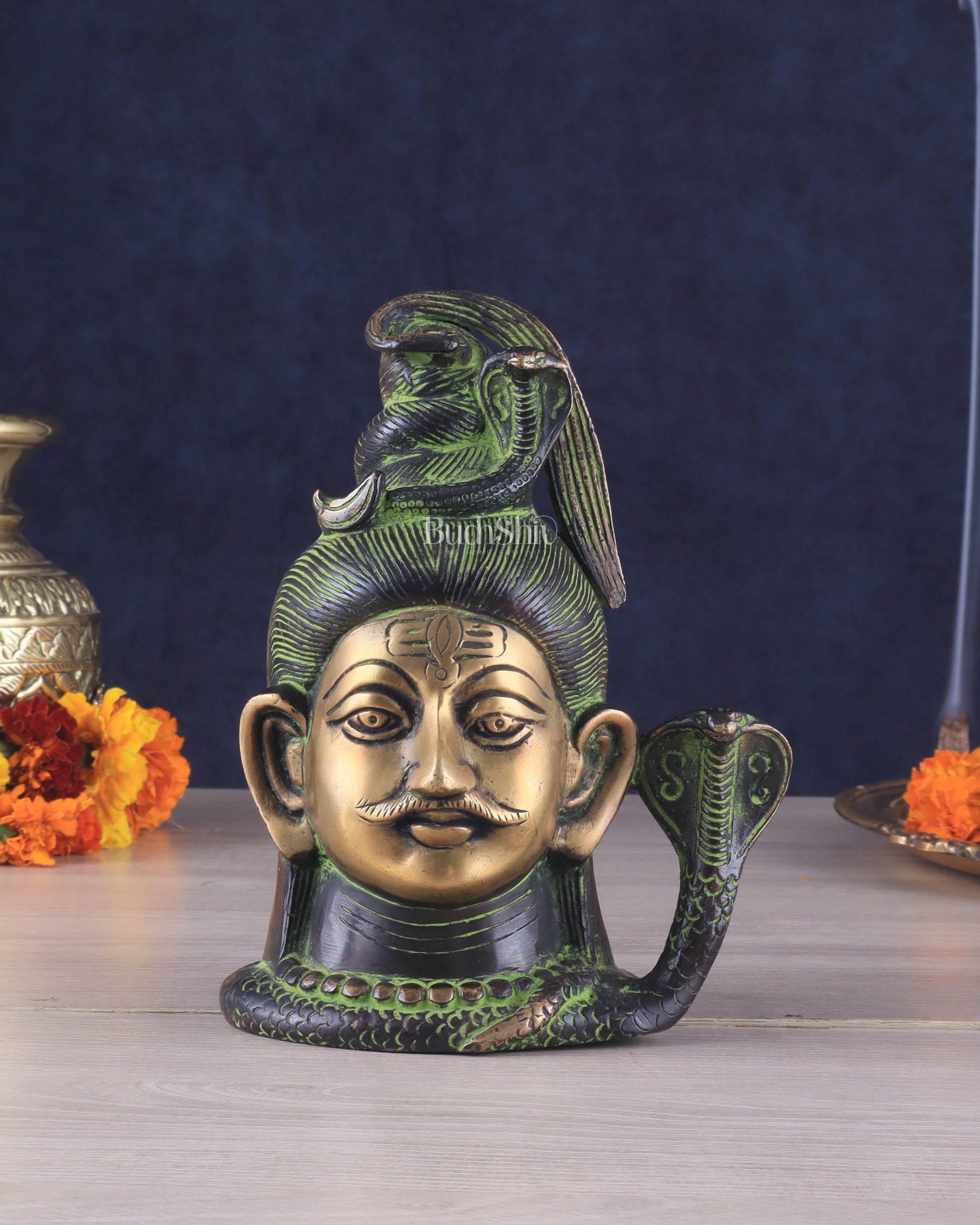 Exquisite 7-Inch Brass Lord Shiva mahakaal mukhalingam Bust Face Statue black and green tone - Sama Homes Idol - Brass Sculpture - Eco-friendly - Sama Homes