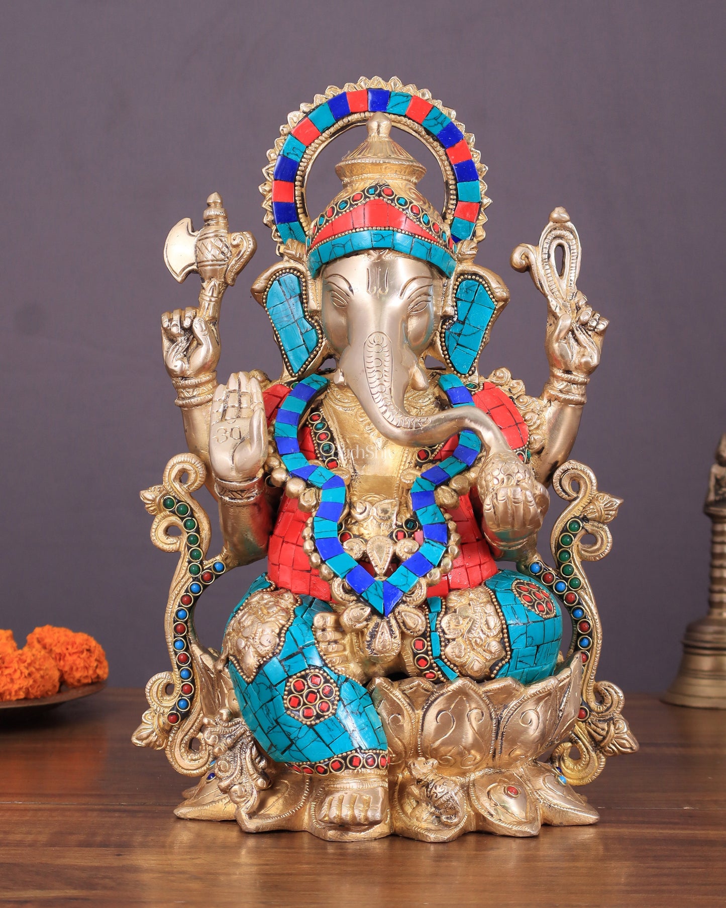 Handcrafted Brass Ganesha Idol with Meenakari Stonework - 12" - Sama Homes Idol - Brass Sculpture