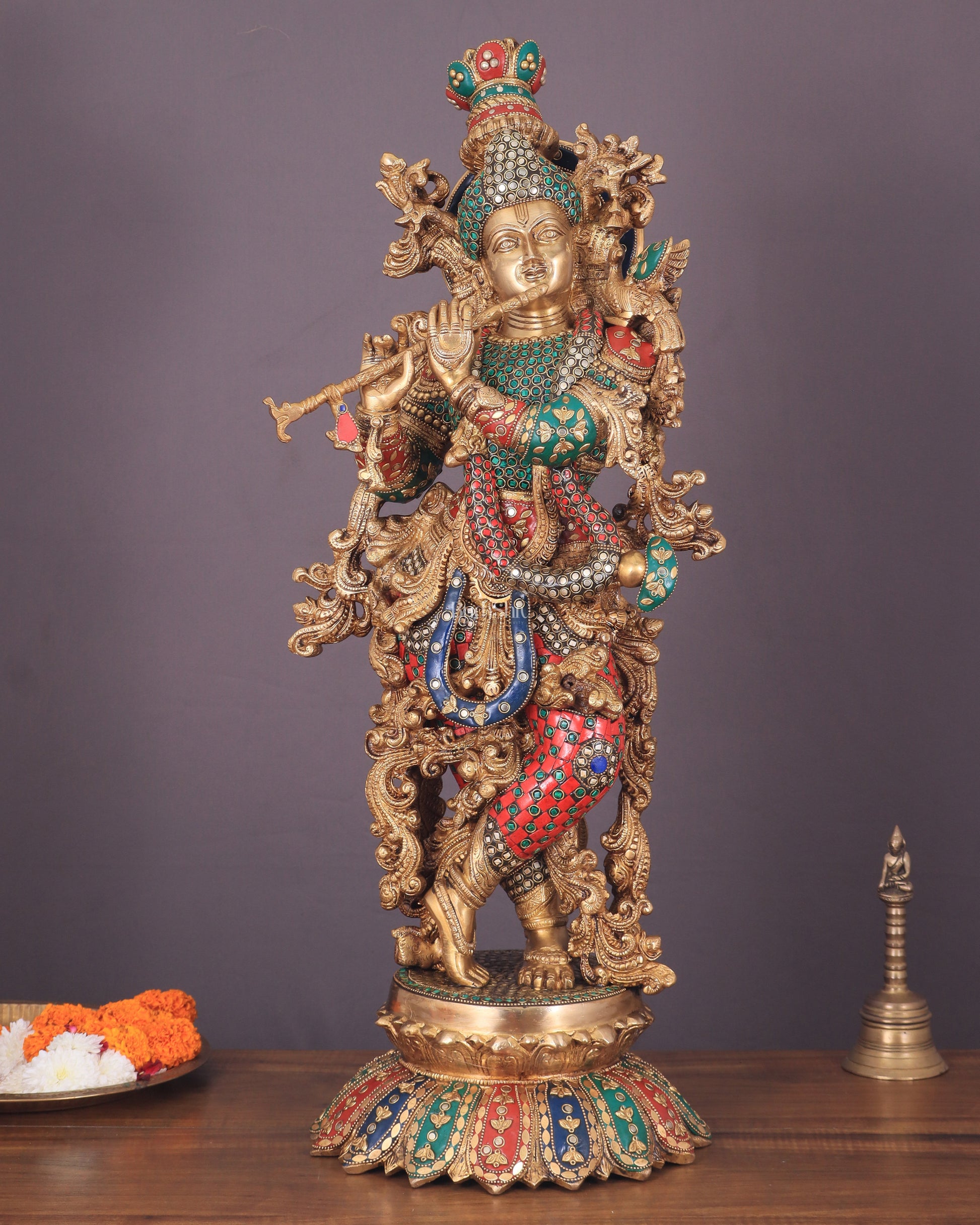 Krishna Statue with Lotus Base brass idol | 27 Inch | meenakari - Sama Homes Idol - Brass Sculpture - Eco-friendly - Sama Homes