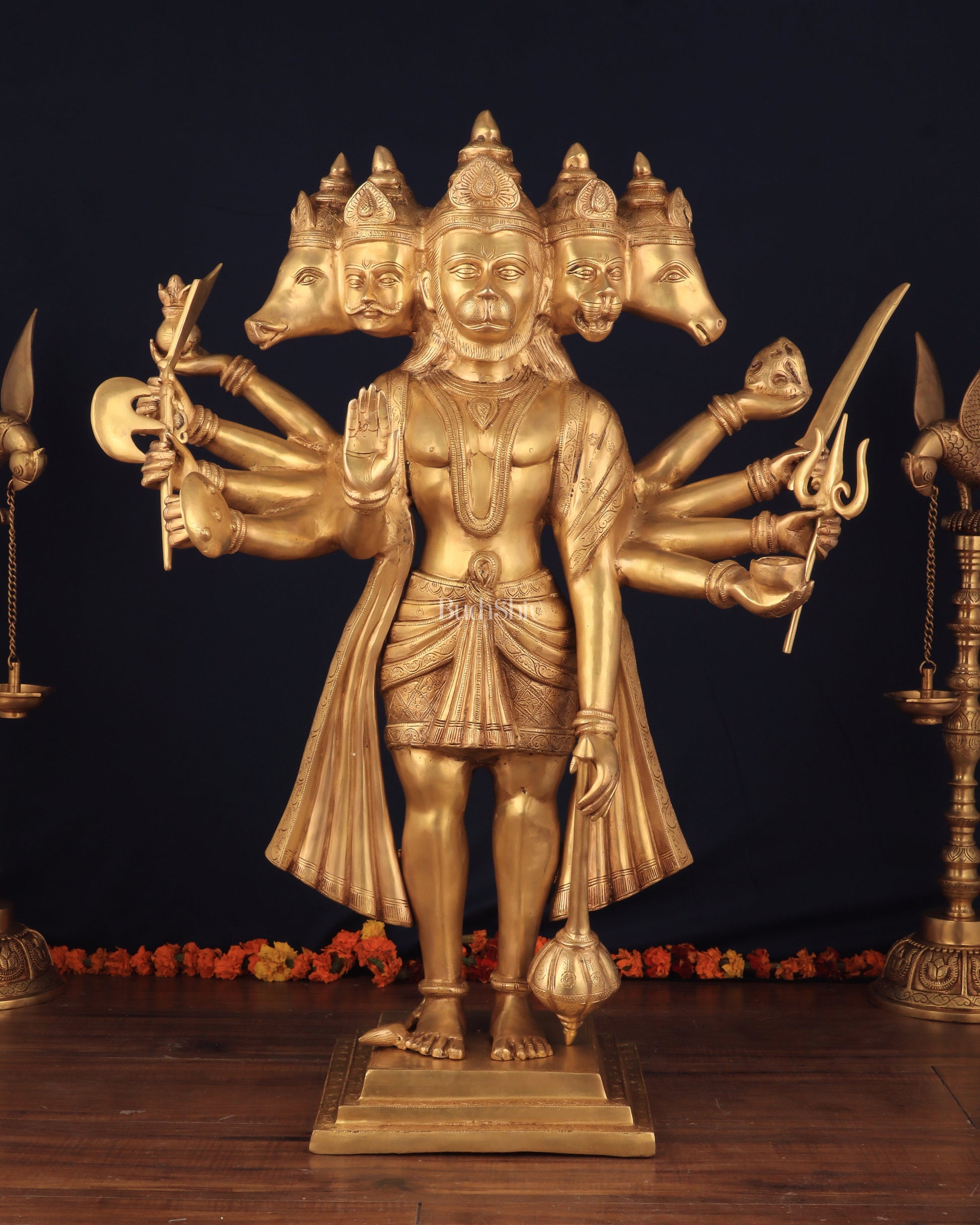 Brass Large-Sized Standing Panchmukhi Hanuman Sculpture 42" | 100% Certified Copper & Brass - Sama Homes Idol - Brass Sculpture - Eco-friendly - Sama Homes