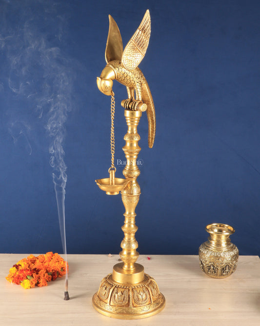 Handcrafted Pure Brass Superfine Large Parrot Lamp Vilakku - 29" – Sama Homes