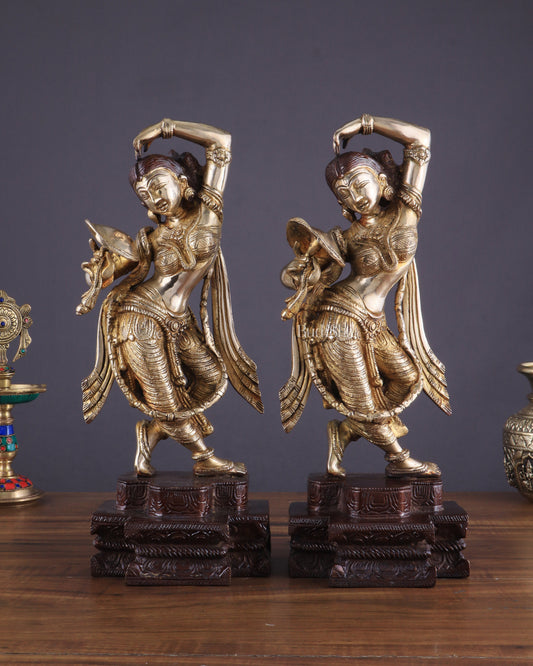 Unique Brass Apsara Applying Sindoor – Double Chola Tone (Pair) 14" - Sama Homes Idol - Brass Sculpture