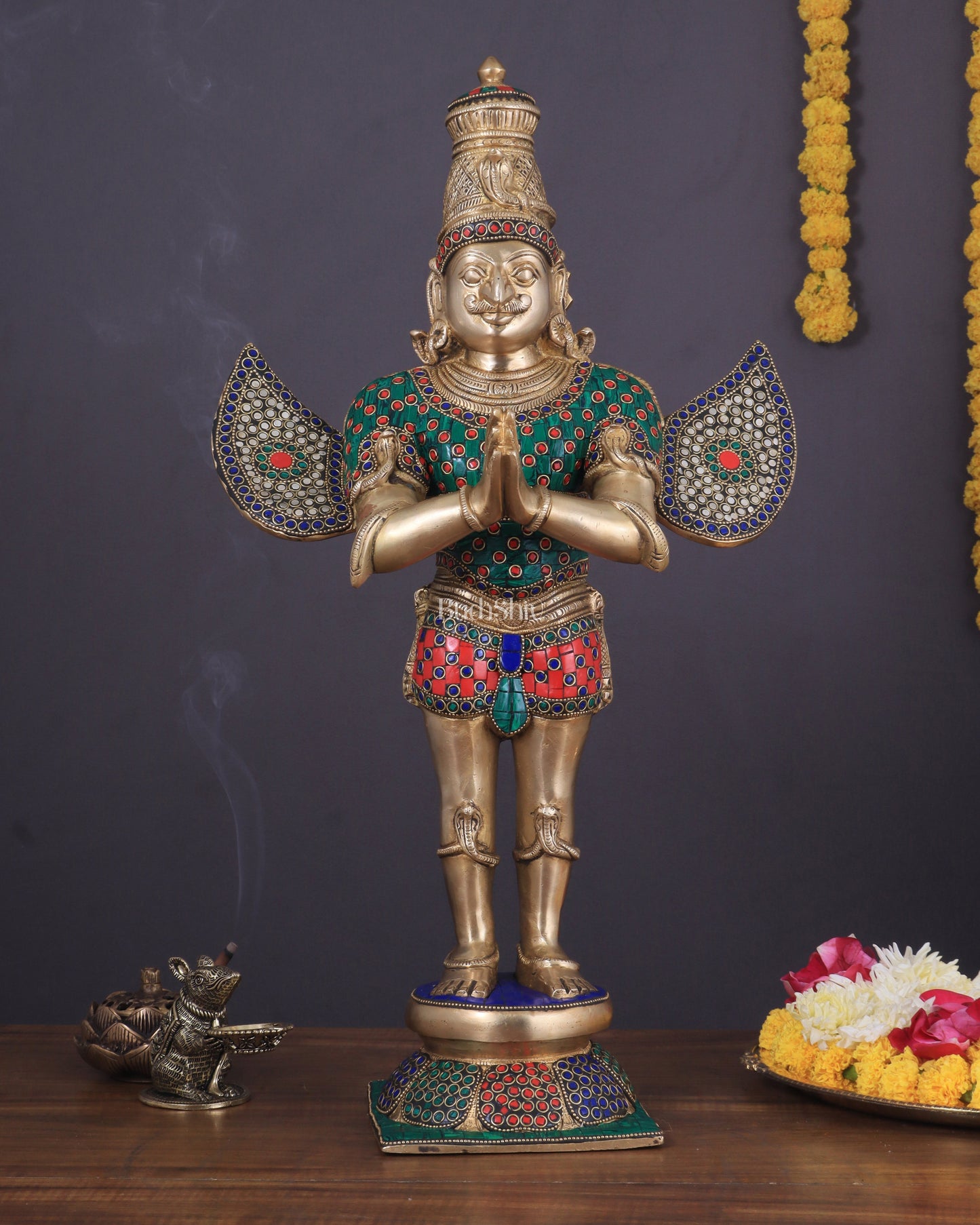 Brass standing Garuda Statue with Meenakari , 22" Tall, | 100% Certified Copper & Brass - Sama Homes Idol - Brass Sculpture