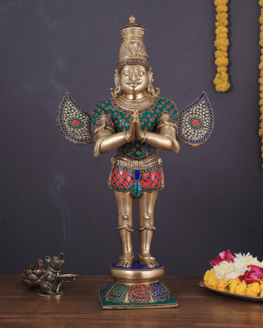 Brass standing Garuda Statue with Meenakari , 22" Tall, | 100% Certified Copper & Brass - Sama Homes Idol - Brass Sculpture