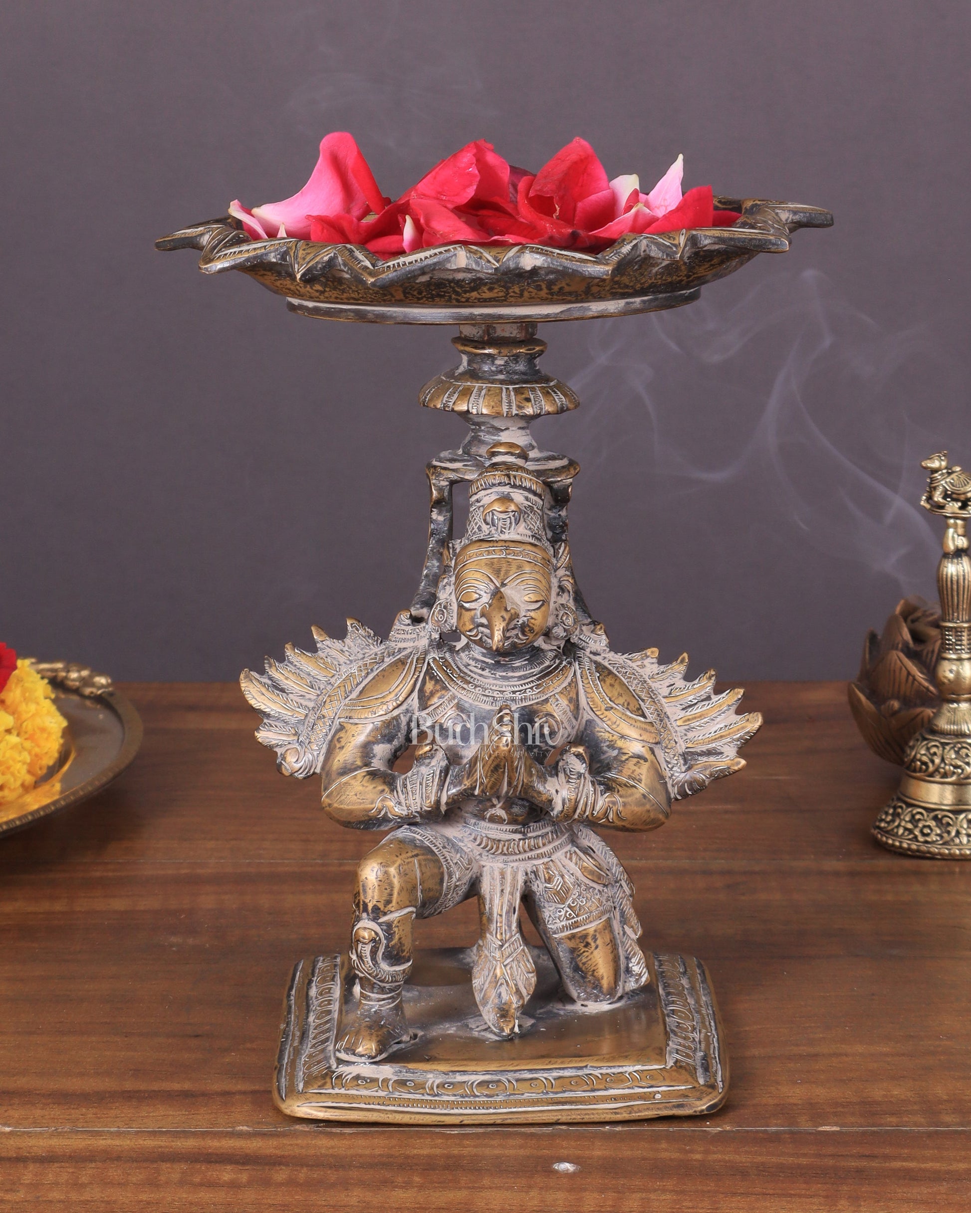 Superfine Brass Garuda Aasan Lamp - rustic tone - 6.5" Tall - Sama Homes Idol - Brass Sculpture - Eco-friendly - Sama Homes