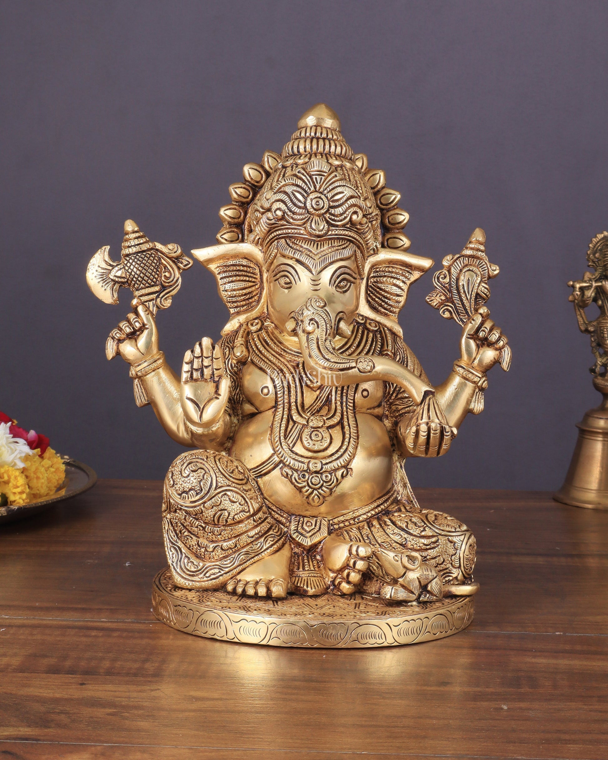 Exquisite Brass Lord Ganesha statue 11 inch with enhanced carvings - Sama Homes Idol - Brass Sculpture - Eco-friendly - Sama Homes