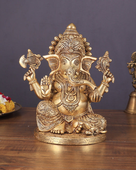 Exquisite Brass Lord Ganesha statue 11 inch with enhanced carvings - Sama Homes Idol - Brass Sculpture