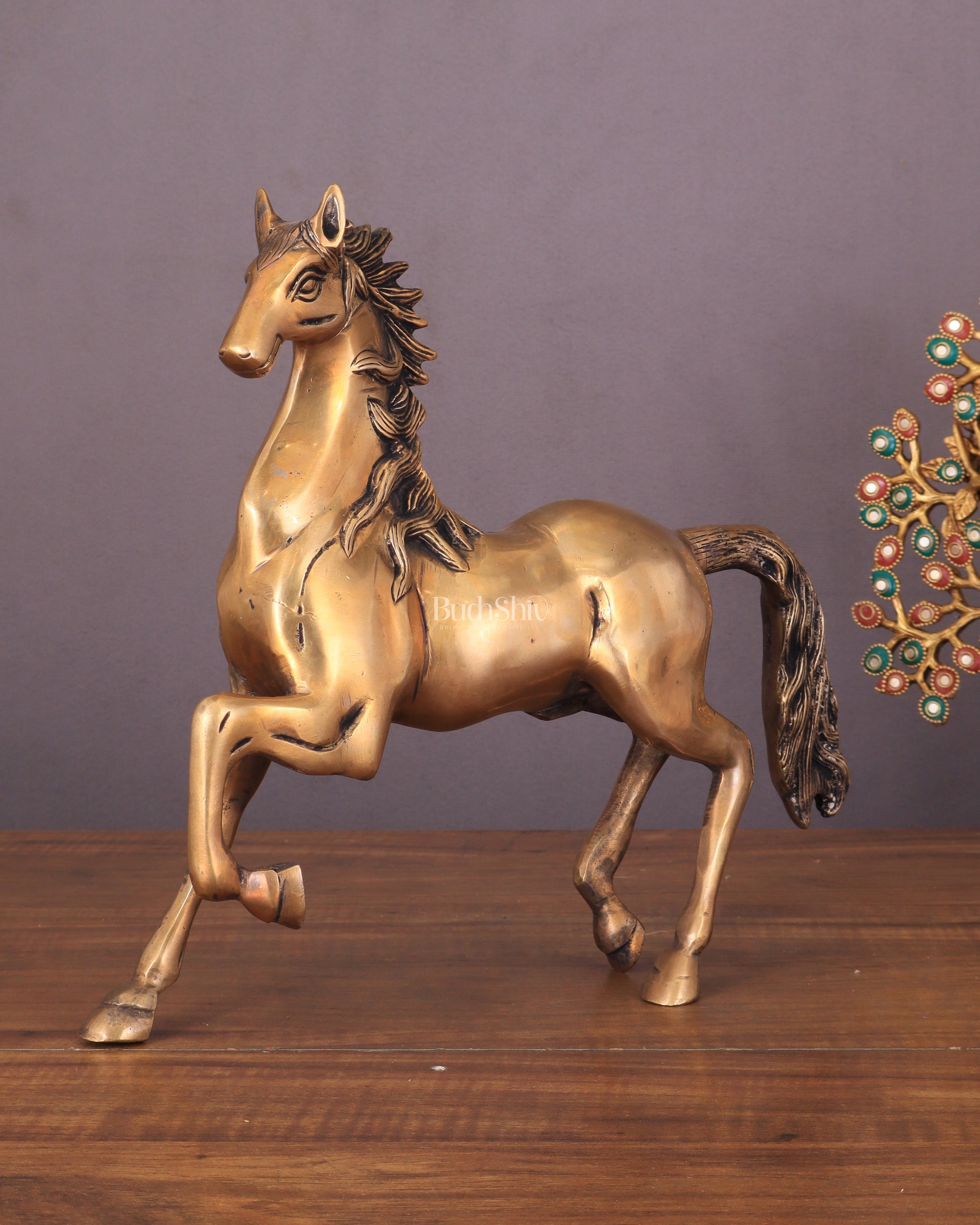 Brass Running Horse with One Leg Raised Vastu Statue 10" | 100% Certified Copper & Brass - Sama Homes Idol - Brass Sculpture - Eco-friendly - Sama Homes