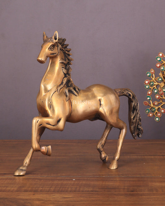 Brass Running Horse with One Leg Raised Vastu Statue 10" | 100% Certified Copper & Brass - Sama Homes Idol - Brass Sculpture
