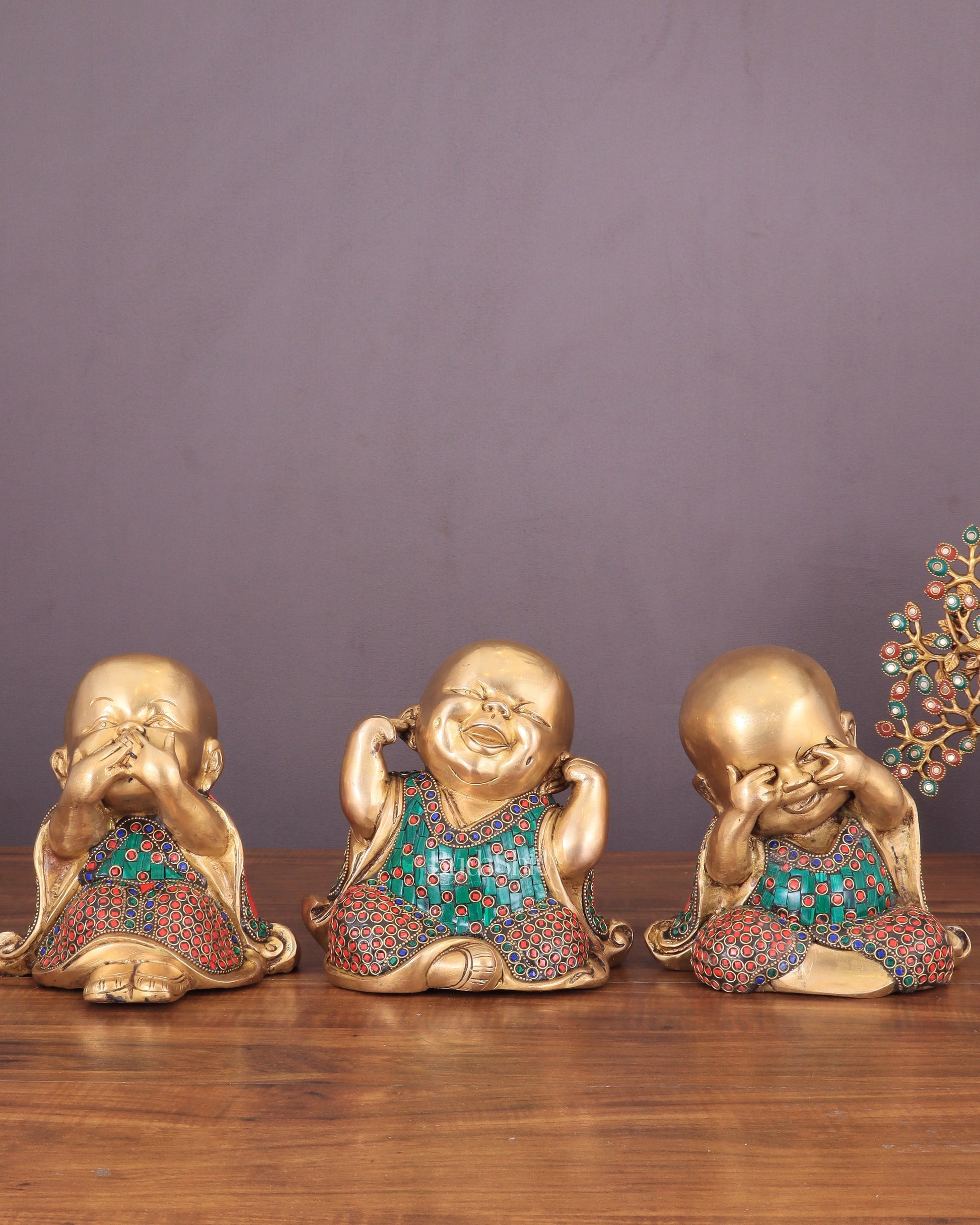 Pure Brass Large Happy Baby Monks Statues Set | 7.5-inch with stonework - Sama Homes Idol - Brass Sculpture - Eco-friendly - Sama Homes