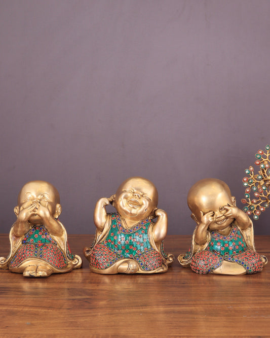 Pure Brass Large Happy Baby Monks Statues Set | 7.5-inch with stonework - Sama Homes Idol - Brass Sculpture