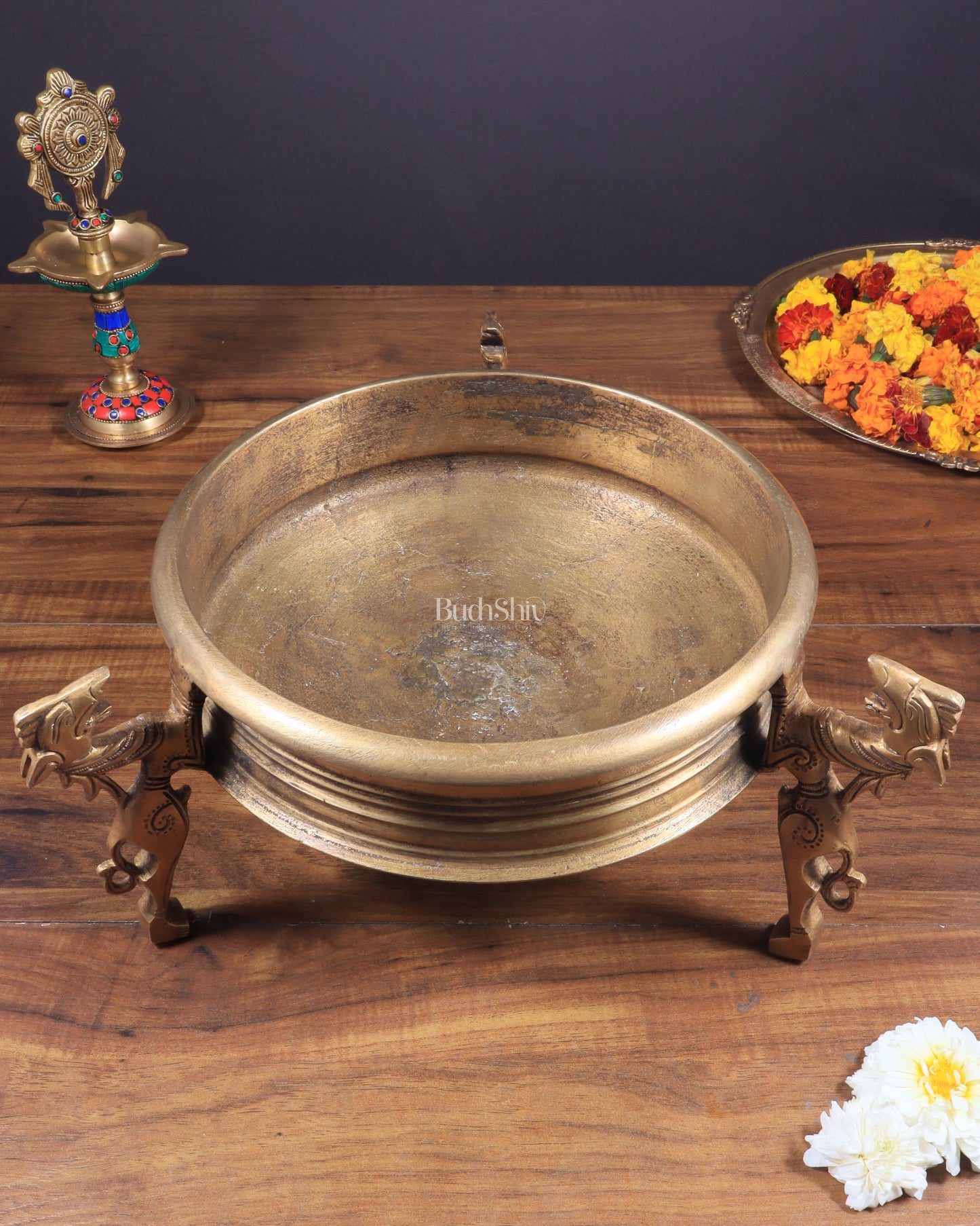 Vintage Brass Yali Design Urli – Crafted from Antique Bowls 14" – Sama Homes
