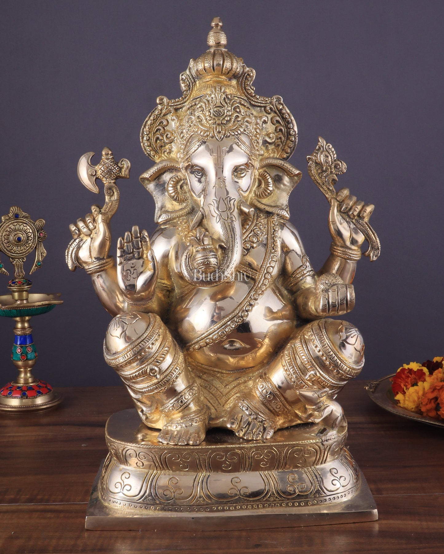 Brass Ganapati Idol Glossy – Handcrafted with Right-Side Trunk, 16" Height | 100% Certified Copper & Brass - Sama Homes Idol - Brass Sculpture