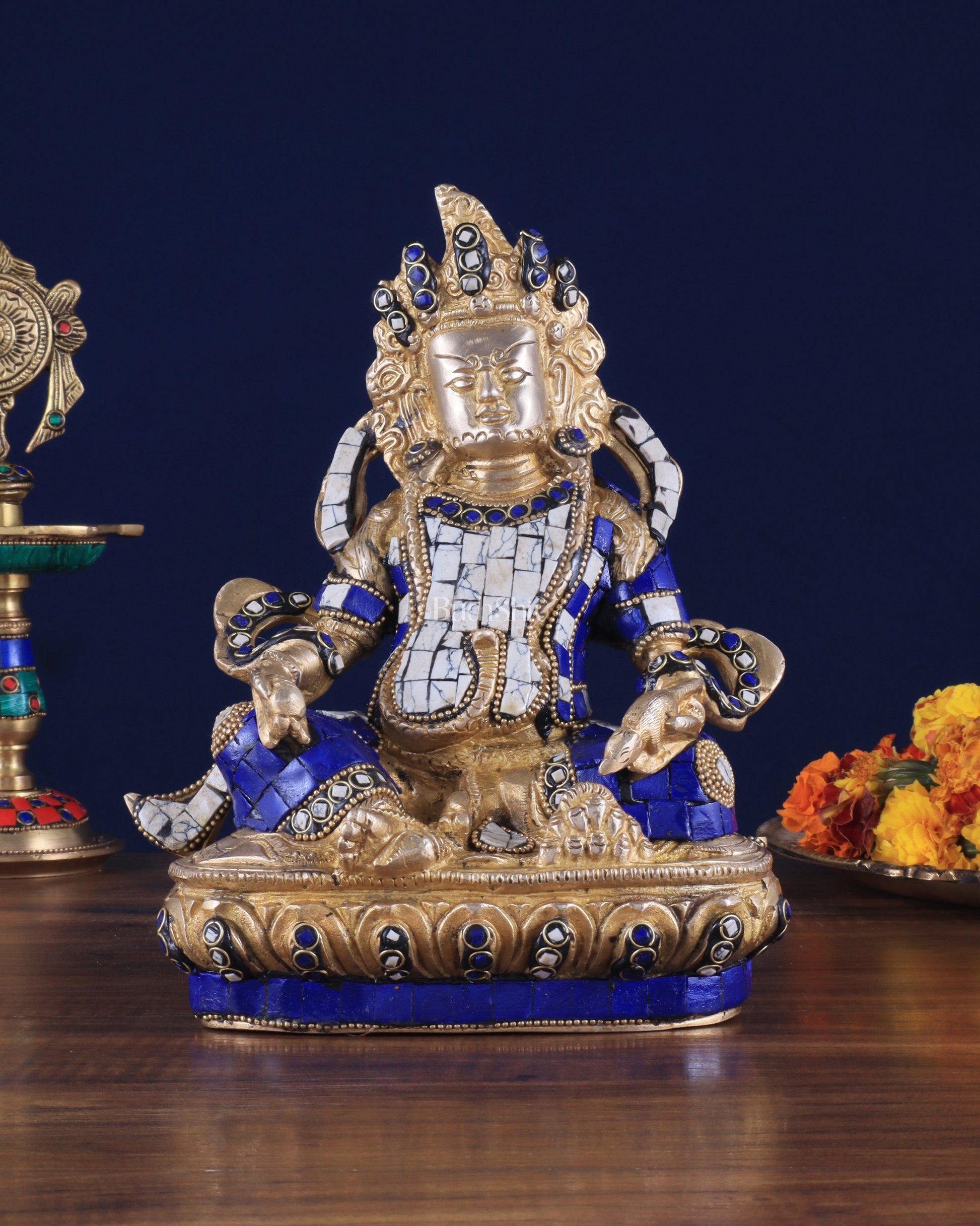 Pure Brass Lord Kuber Statue with Stonework 9" - Sama Homes Idol - Brass Sculpture - Eco-friendly - Sama Homes