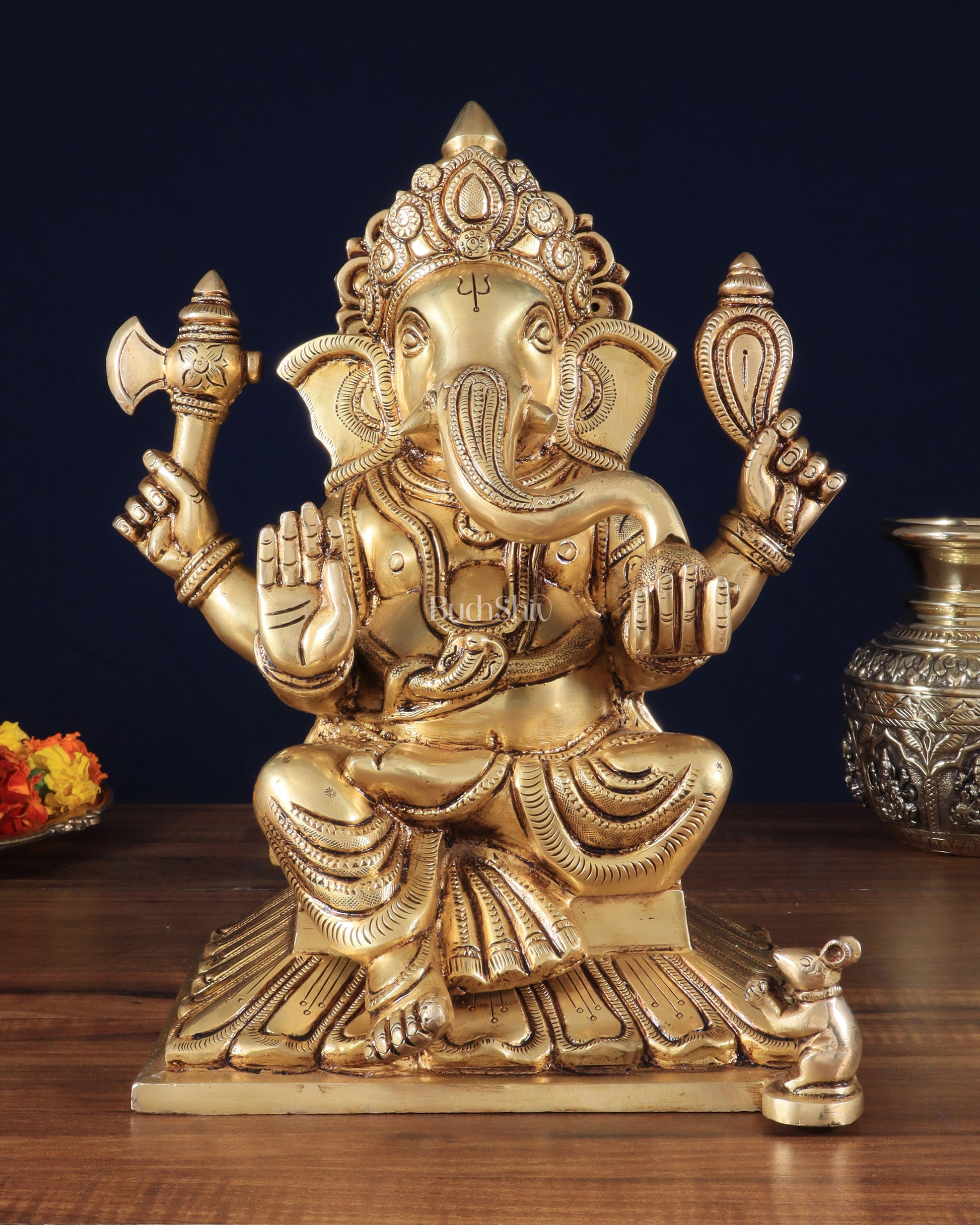 Pure Brass Lord Ganesha Unique Statue with Fine Carvings 11.5" - Sama Homes Idol - Brass Sculpture - Eco-friendly - Sama Homes