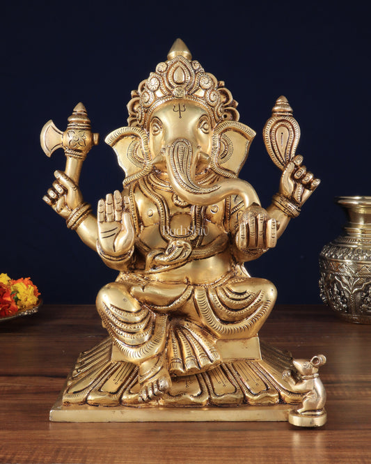 Pure Brass Lord Ganesha Unique Statue with Fine Carvings 11.5" - Sama Homes Idol - Brass Sculpture