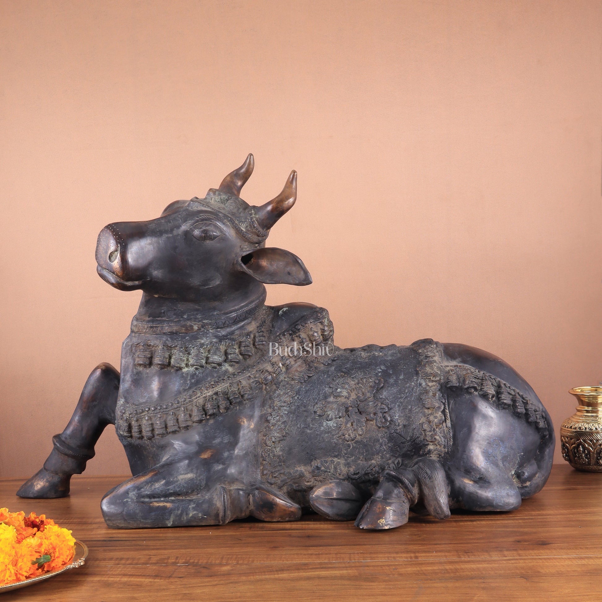 Antique sand finish brass nandi sculpture 33 inches - Eco-friendly - Sama Homes