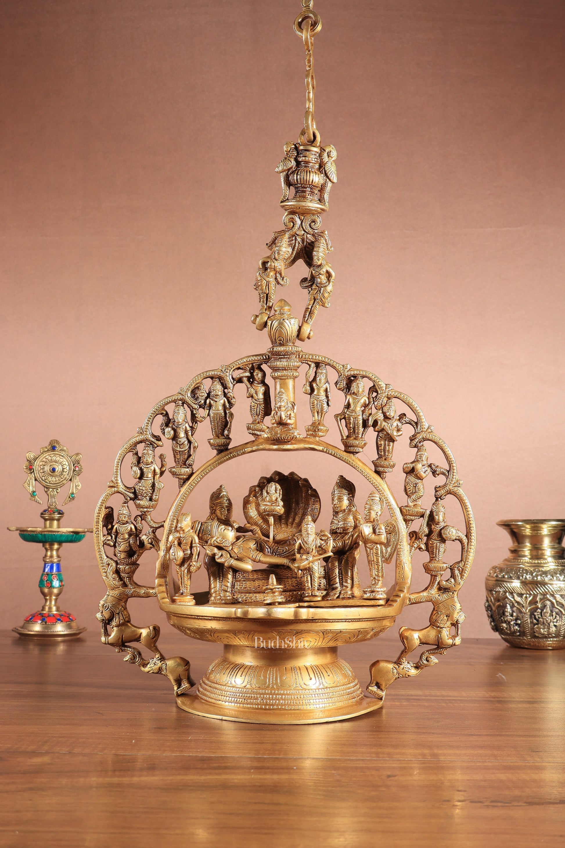 Pure Brass Large Lord Vishnu Darbar dashavatar Hanging Lamp 52" - Sama Homes Idol - Brass Sculpture - Eco-friendly - Sama Homes