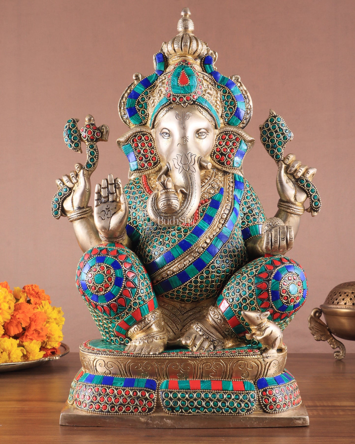 Brass Ganapati Idol Glossy – Handcrafted with Right-Side Trunk, 16" meenakari | 100% Certified Copper & Brass - Sama Homes Idol - Brass Sculpture
