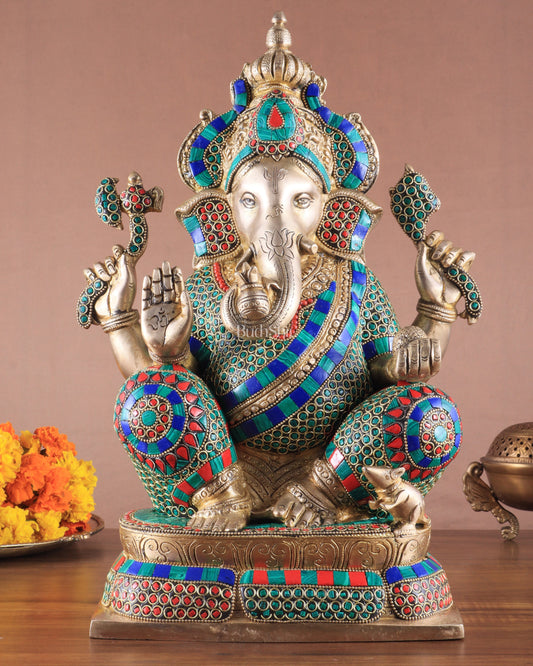 Brass Ganapati Idol Glossy – Handcrafted with Right-Side Trunk, 16" meenakari | 100% Certified Copper & Brass - Sama Homes Idol - Brass Sculpture