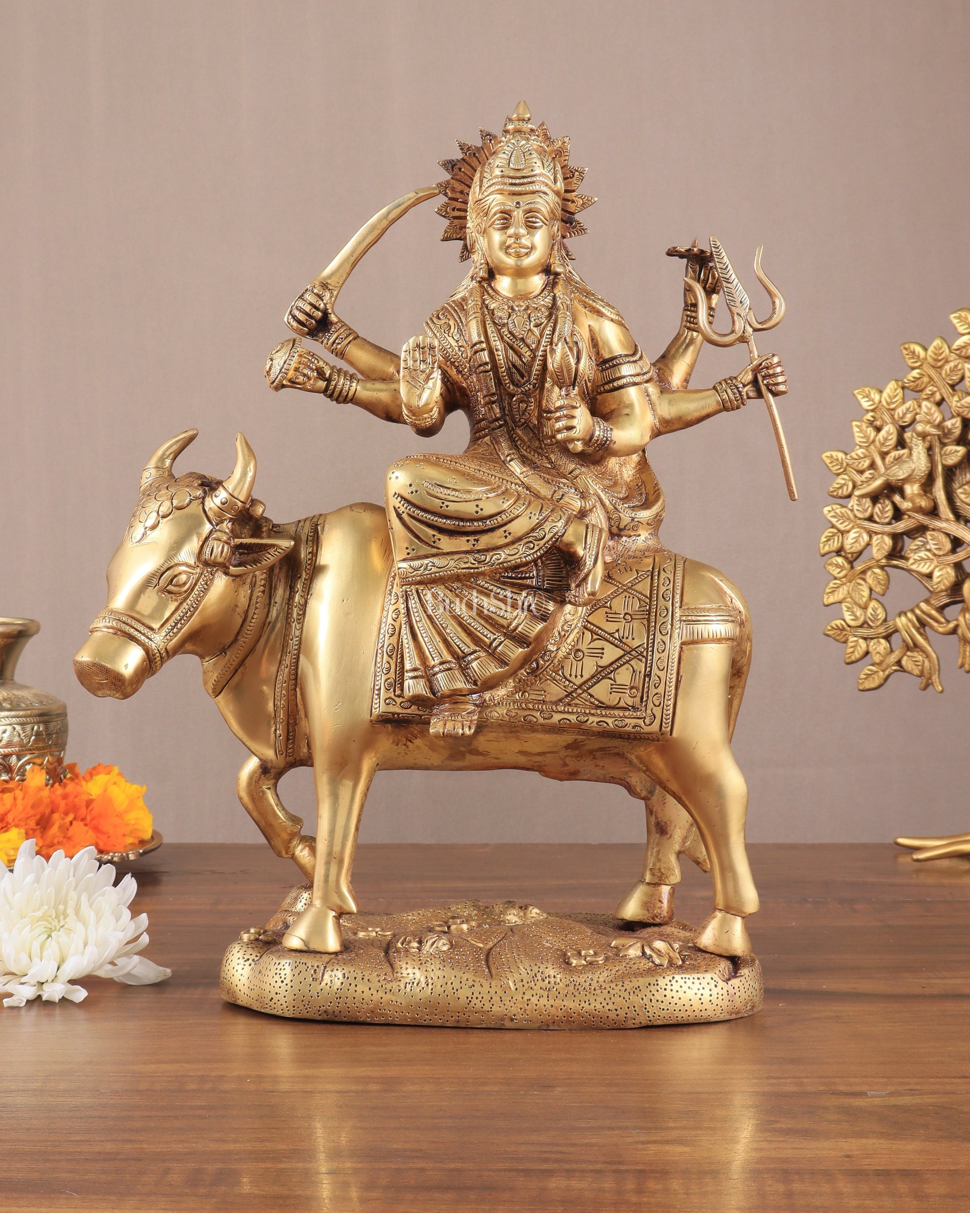 Brass Goddess Umiya Mata Seated on Cow Statue 13.5" | 100% Certified Copper & Brass - Sama Homes Idol - Brass Sculpture - Eco-friendly - Sama Homes