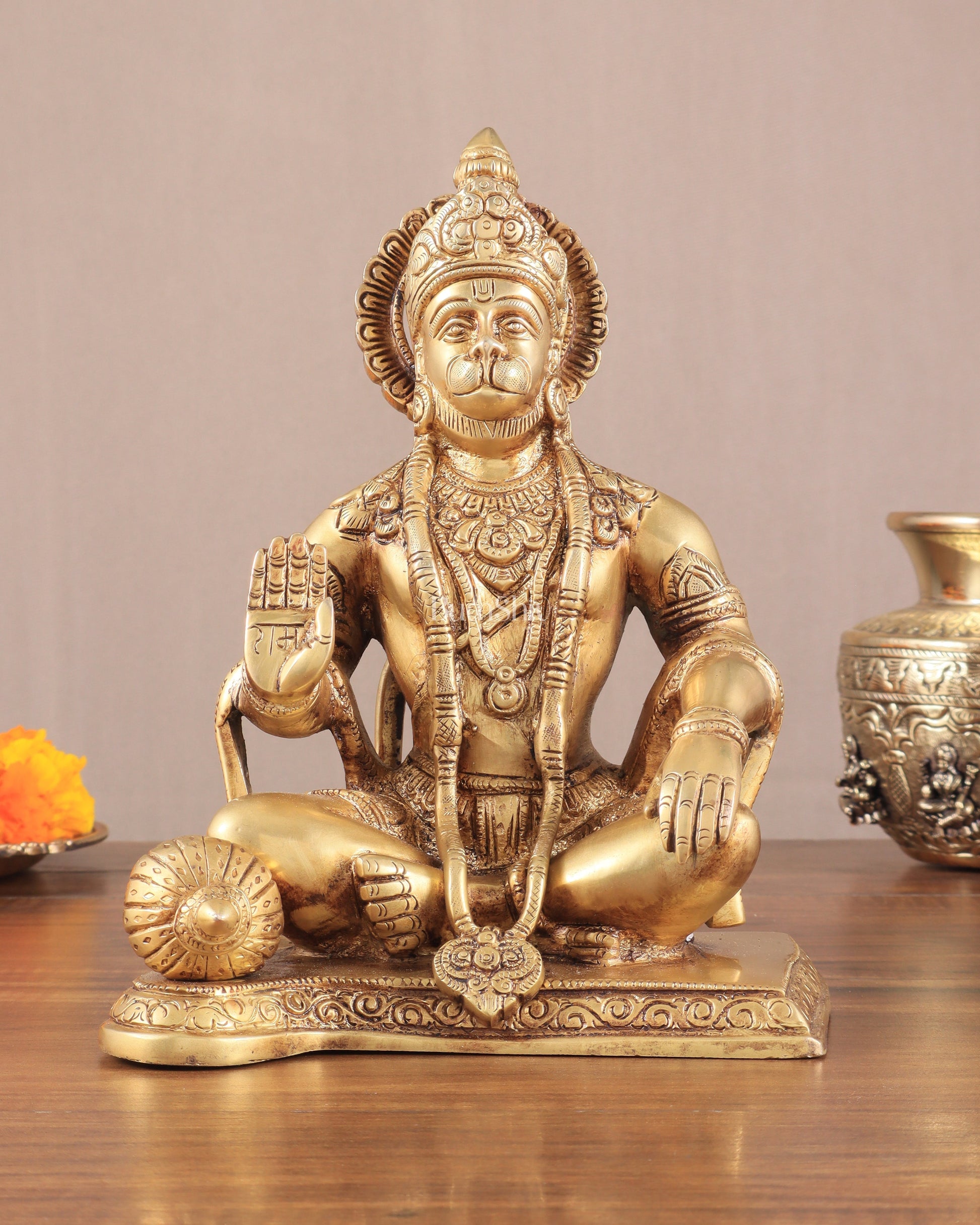 Lord Hanuman Brass Idol 9.5" blessing hand - Sama Homes Idol - Brass Sculpture - Eco-friendly - Sama Homes