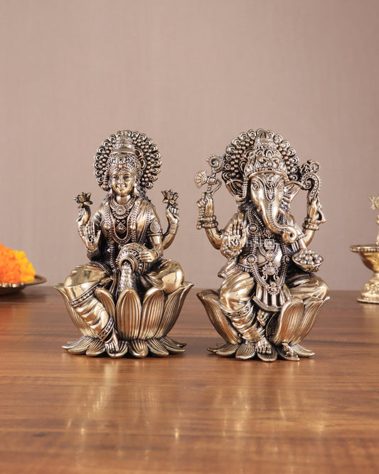 Brass Superfine Lord Ganesha & Goddess Lakshmi Pair – Intricately Carved 6" - Sama Homes Idol - Brass Sculpture