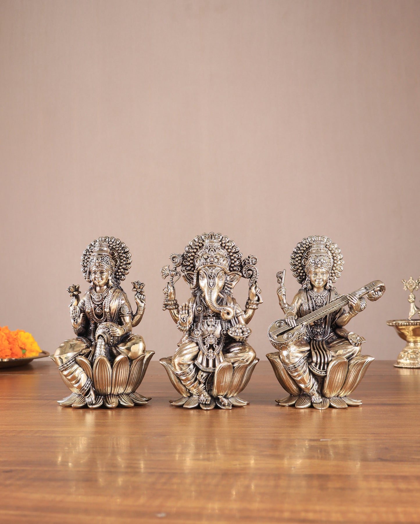 Superfine Brass Ganesh Lakshmi Saraswati Idols - 6" Tall, Set of 3 - Sama Homes Idol - Brass Sculpture