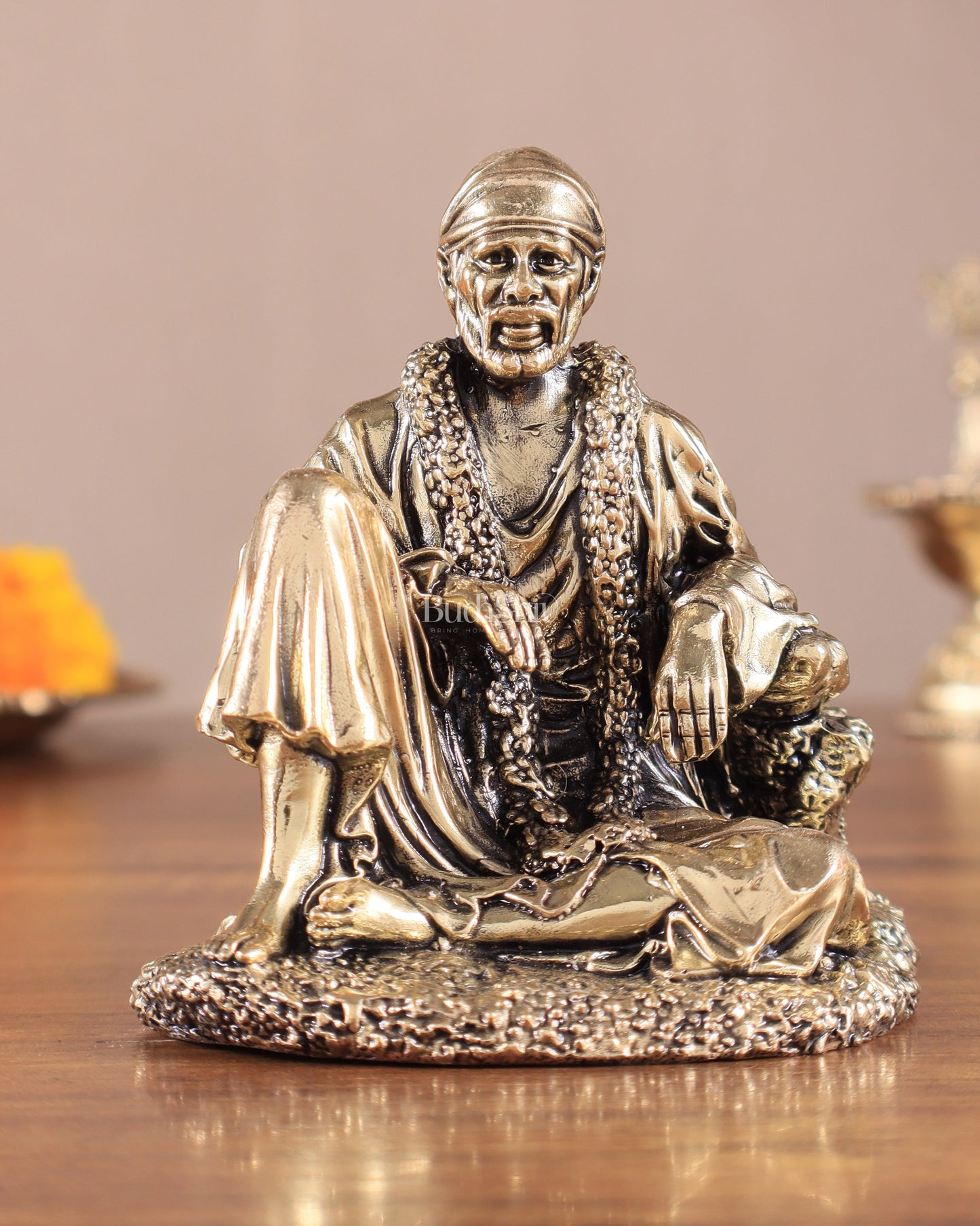 Brass Sai Baba Sitting Superfine Intricate Idol | 100% Certified Copper & Brass - Sama Homes Idol - Brass Sculpture