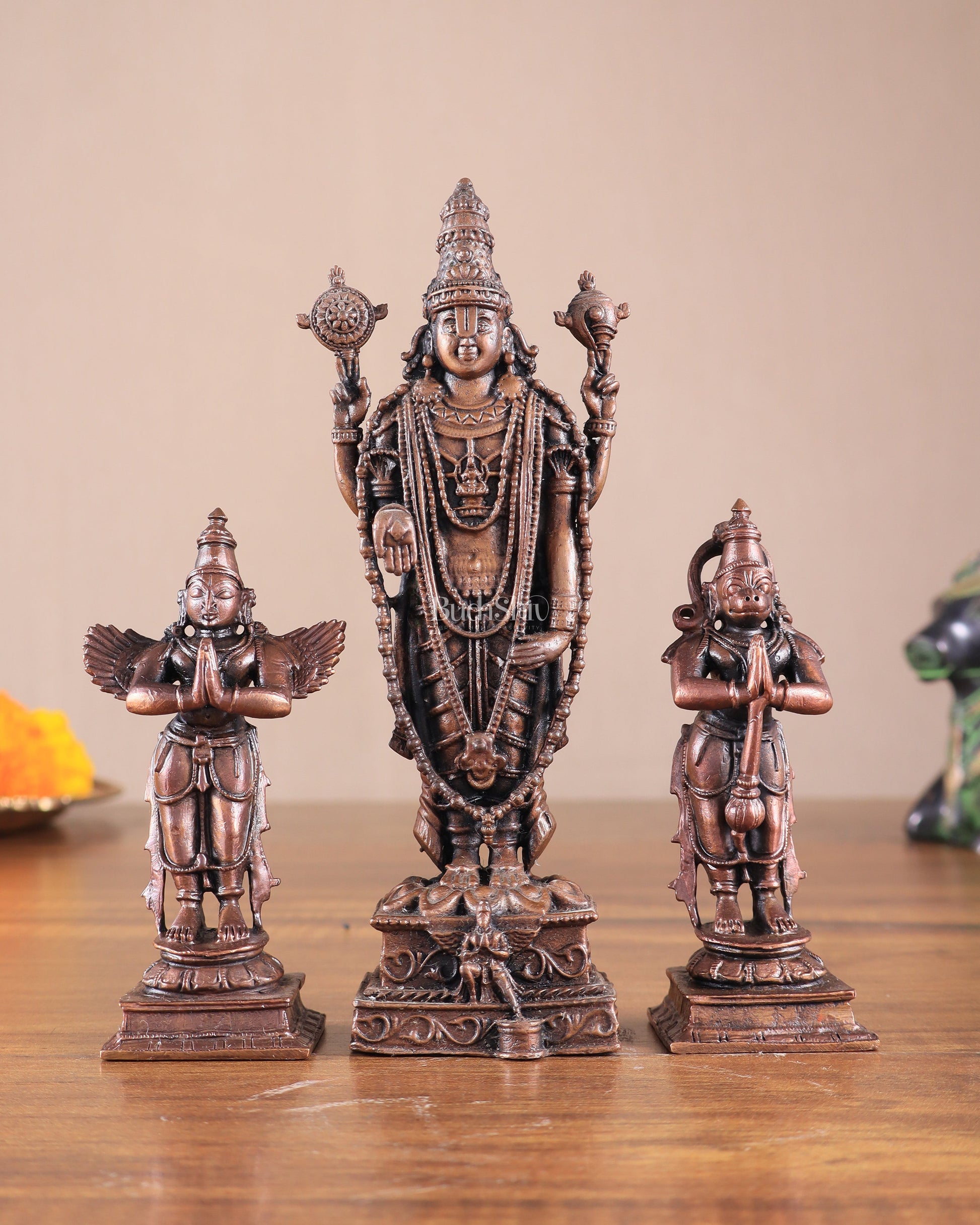 Pure Copper Tirupati Balaji with Hanuman & Garuda Idol Set 6.5" - Sama Homes Idol - Brass Sculpture - Eco-friendly - Sama Homes