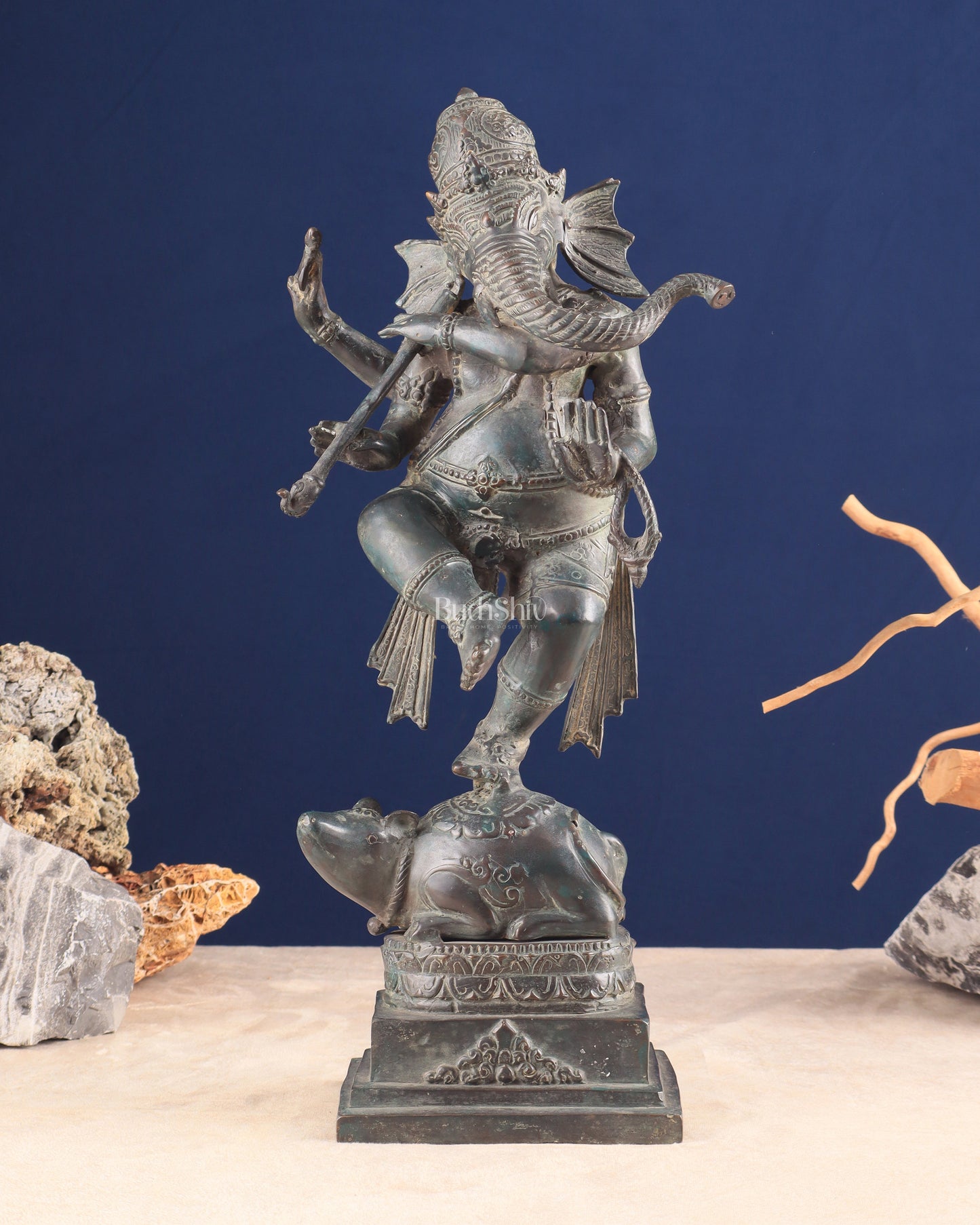 Indonesian Bronze Dancing Ganesha Playing Flute on Mooshak statue | Lost Wax Casting | 16.5" - Sama Homes Idol - Brass Sculpture