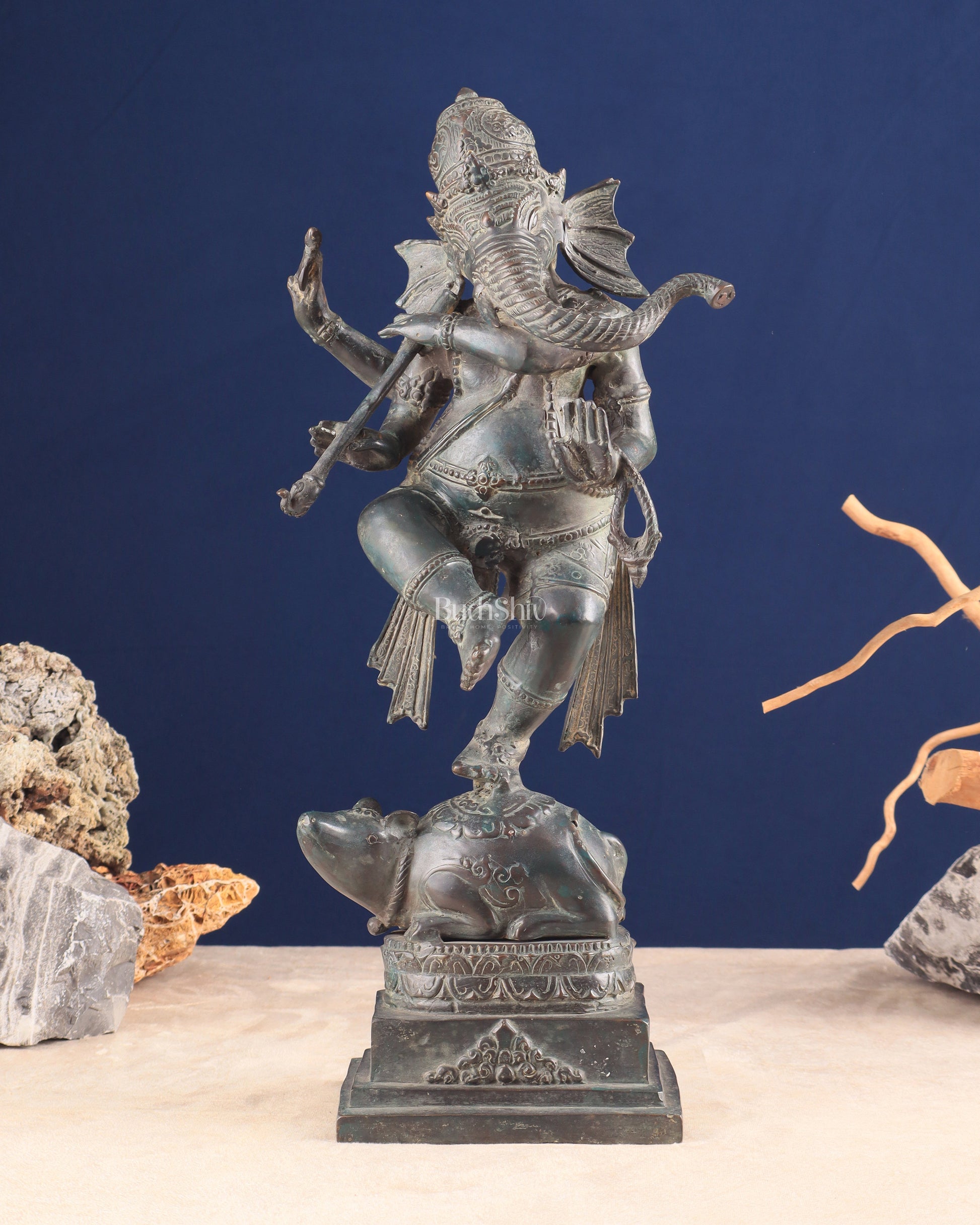 Indonesian Bronze Dancing Ganesha Playing Flute on Mooshak statue | Lost Wax Casting | 16.5" - Sama Homes Idol - Brass Sculpture - Eco-friendly - Sama Homes