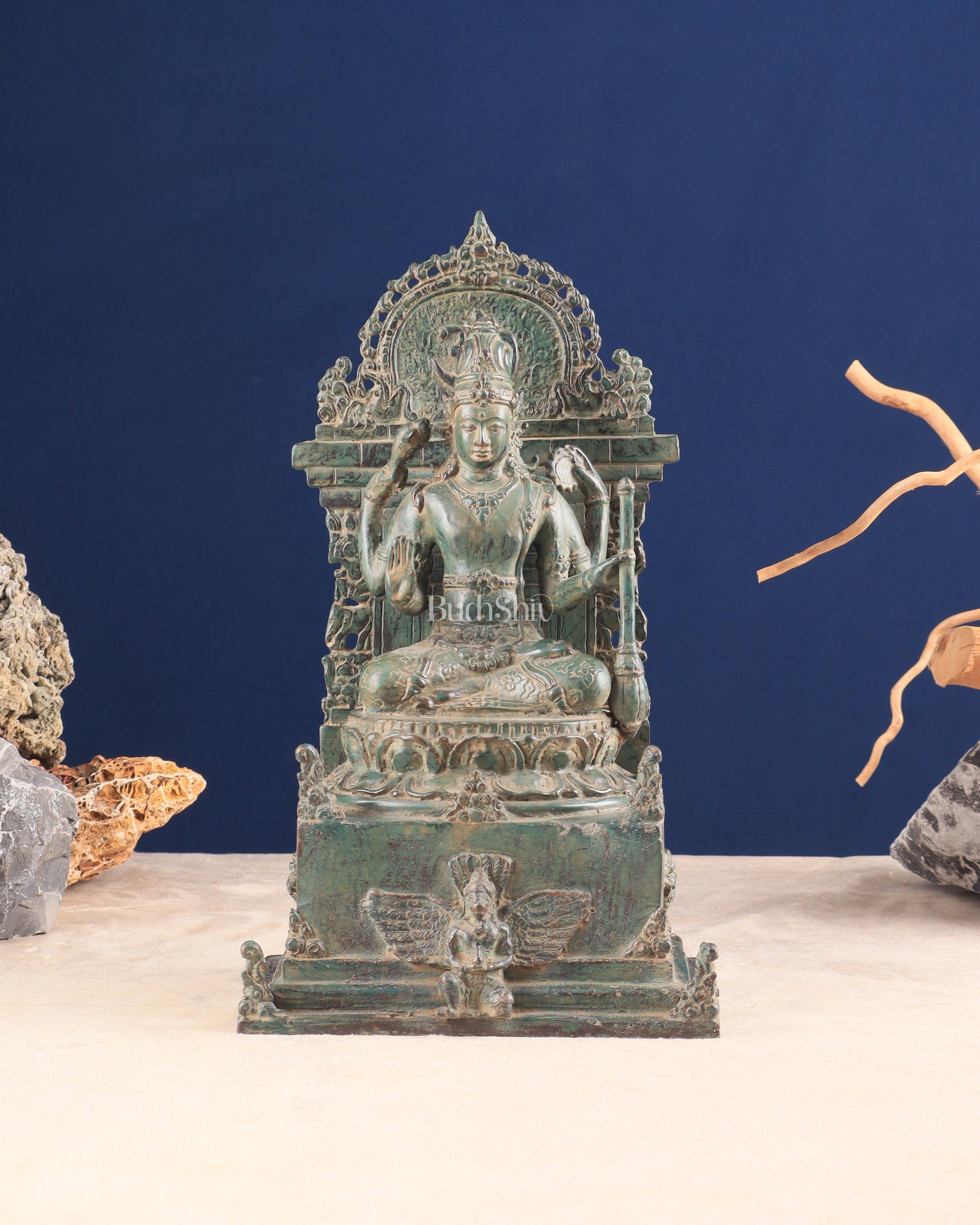 Indonesian Bronze Lord Vishnu Seated on a Throne with Garuda Sculpture 12" - Sama Homes Idol - Brass Sculpture - Eco-friendly - Sama Homes