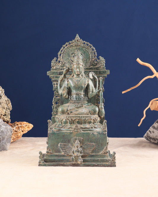 Indonesian Bronze Lord Vishnu Seated on a Throne with Garuda Sculpture 12" - Sama Homes Idol - Brass Sculpture