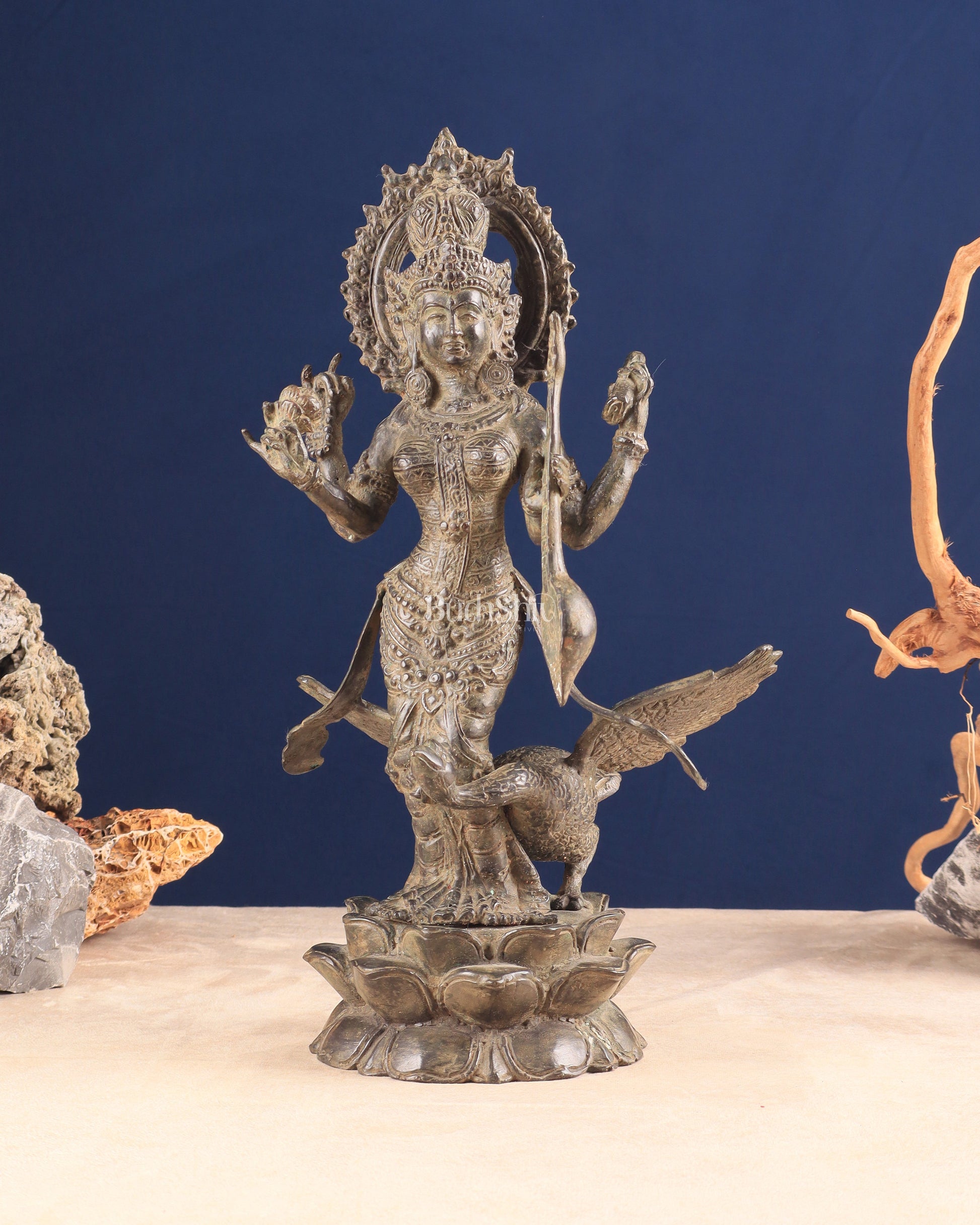 Vintage Indonesian Bronze Goddess Saraswati with Swan Sculpture 14" - Sama Homes Idol - Brass Sculpture - Eco-friendly - Sama Homes