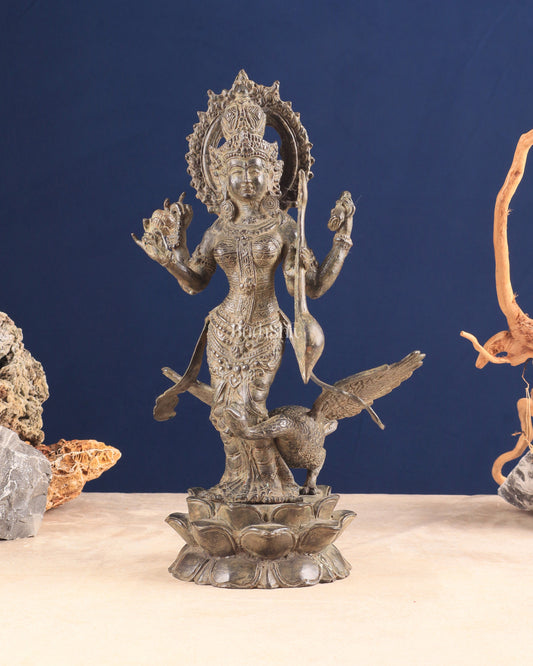 Vintage Indonesian Bronze Goddess Saraswati with Swan Sculpture 14" - Sama Homes Idol - Brass Sculpture